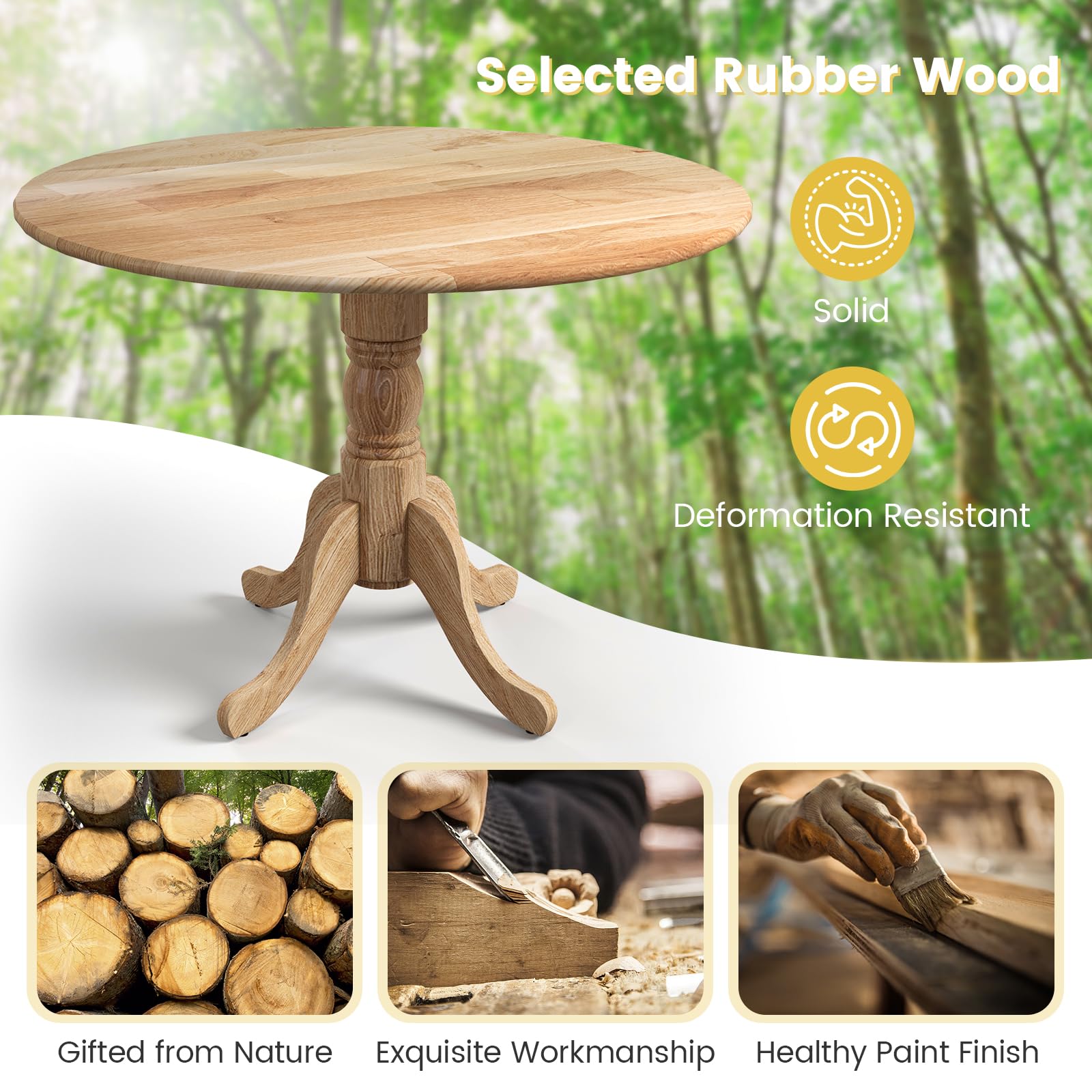 KOMFOTT Round Dining Table, 40" D X 29" H, Rubber Wood Pedestal Table W/Round Tabletop & Curved Trestle Legs