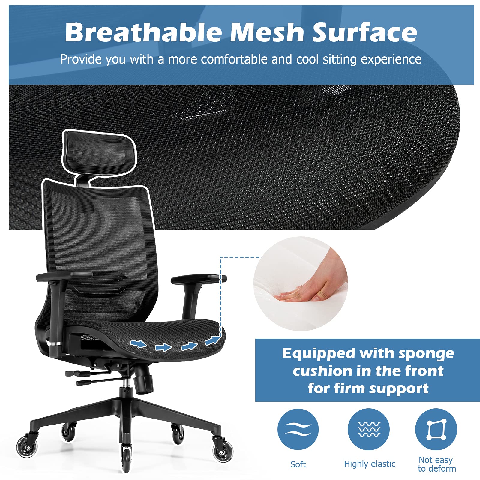 KOMFOTT Ergonomic Mesh Office Chair, Reclining Swivel Chair w/4D Armrest, Adjustable Lumbar Support & Headrest