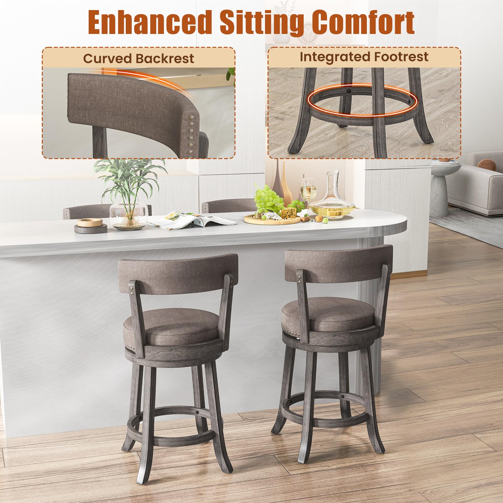 KOMFOTT Bar Stools Set of 2/4, Swivel Counter Height Bar Chairs with Footrest, Rubber Wood Frame