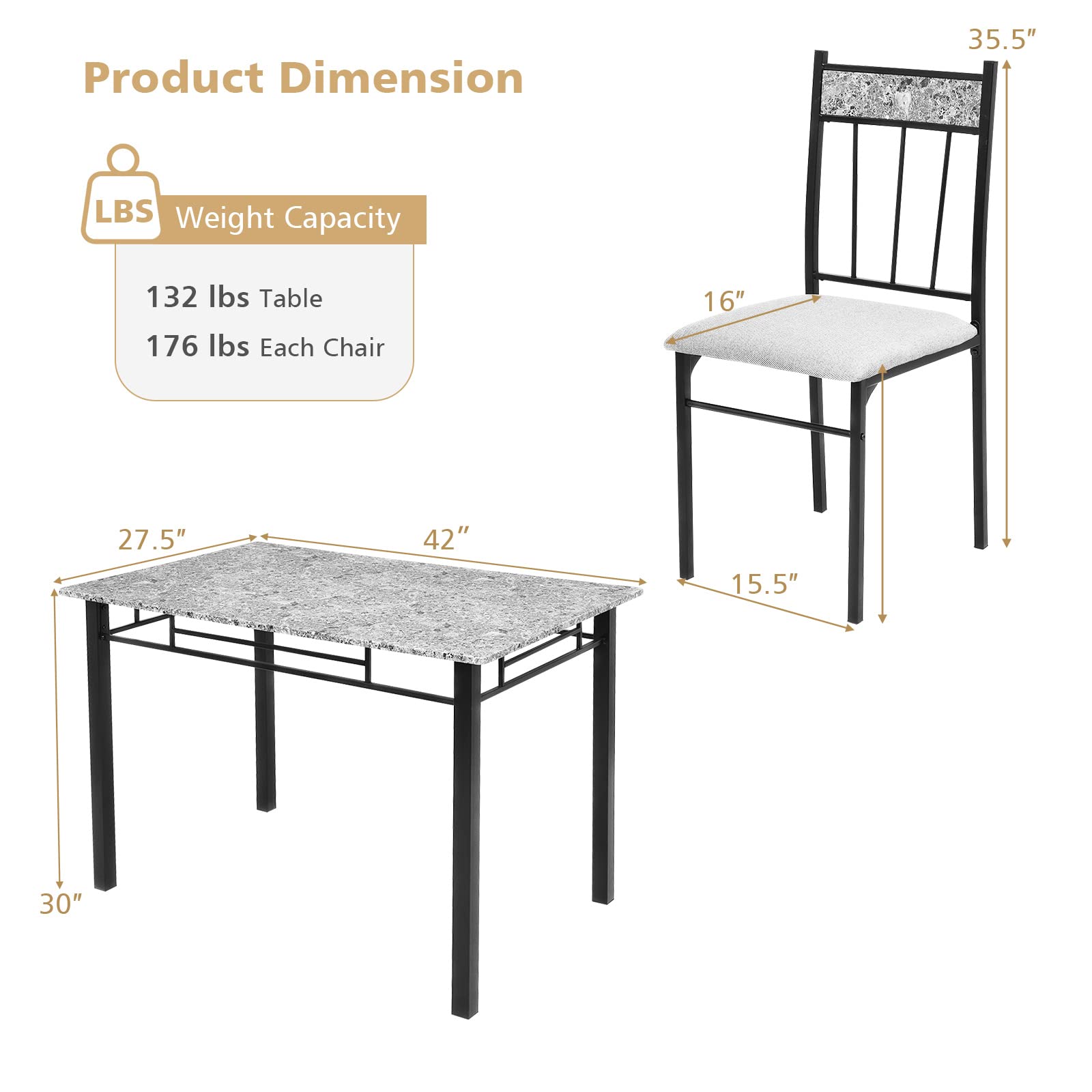 KOMFOTT 5 Piece Dining Table Set, Modern Rectangular Dining Table & Upholstered Chair Set w/Marble Tabletop