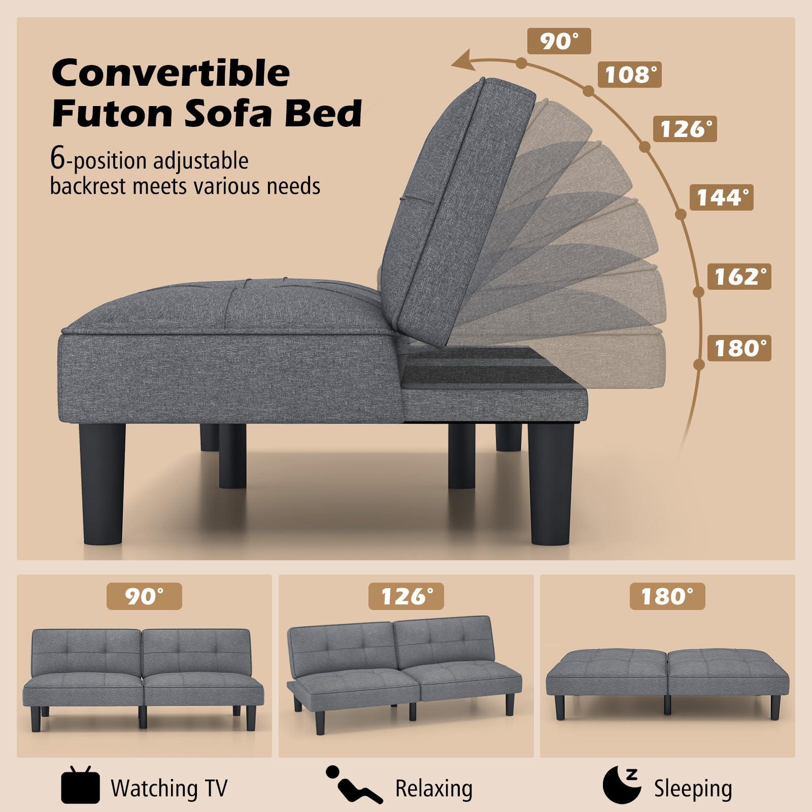 KOMFOTT Convertible Futon Sofa Bed, Upholstered Folding Linen Sleeper Couch with 6-Position Adjustable Backrest