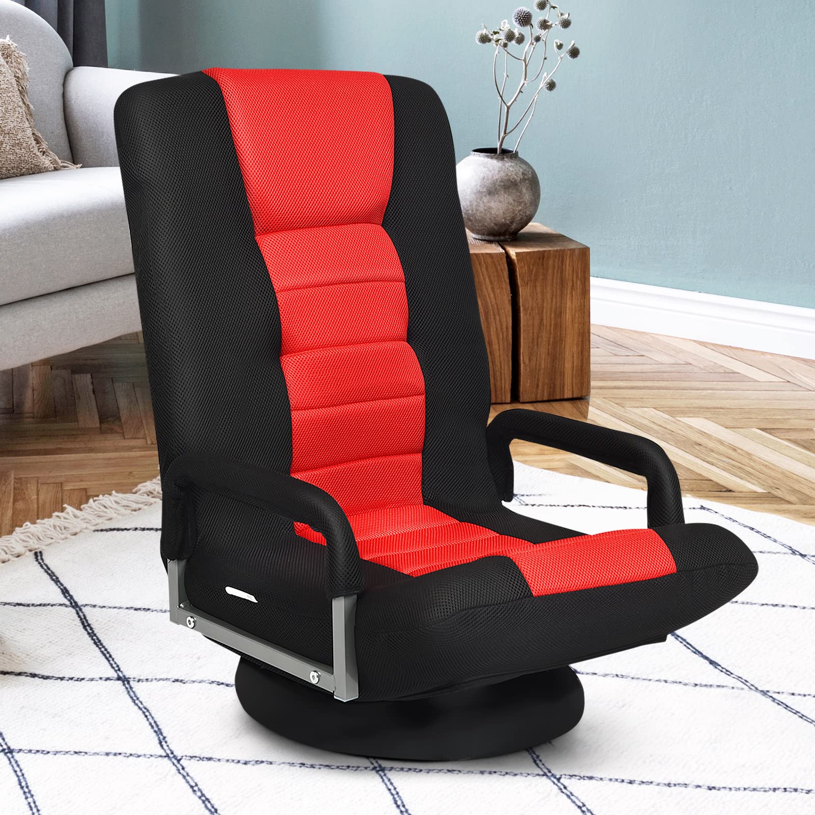 KOMFOTT 360-Degree Foldable Swivel Gaming Floor Chair With 6 Adjustable Position, Armrests, Padded Backrest