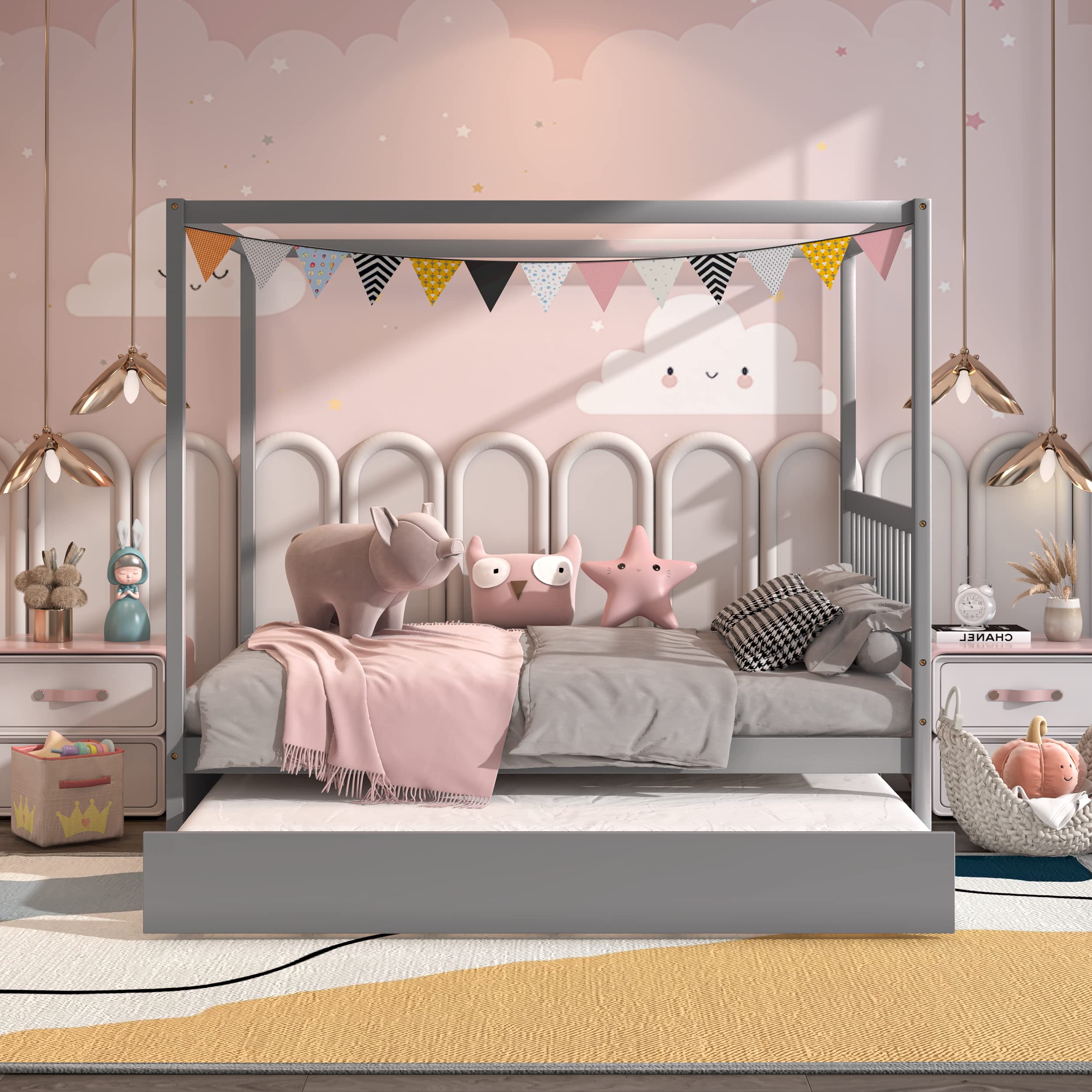 KOMFOTT Wood Canopy Bed with Trundle, Full Size Kids Solid Wood Platform Bed Frame with Headboard