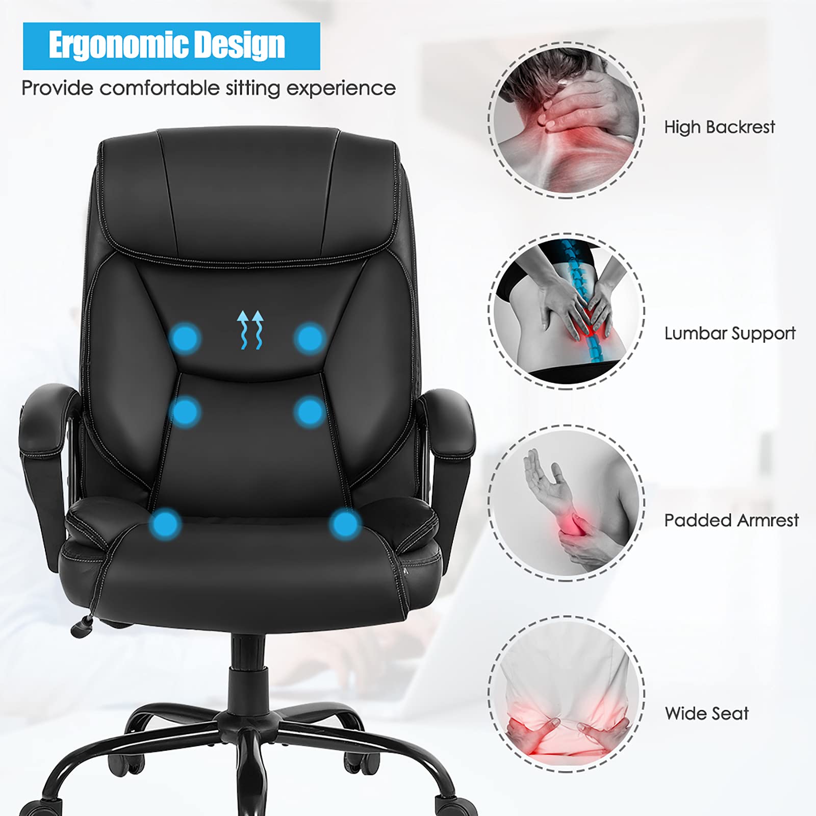 KOMFOTT 500 lbs Big and Tall Office Chair, Massage Executive Chair w/ 6 Vibrating Points