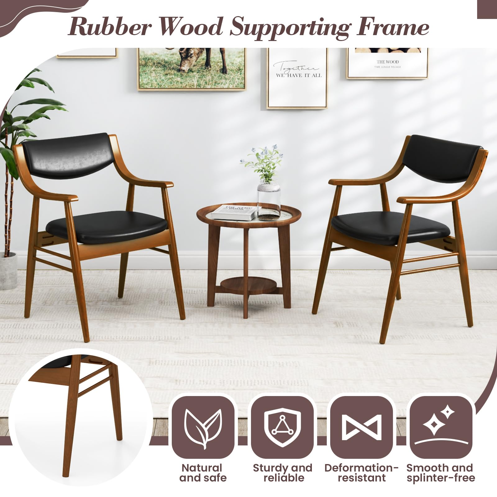 KOMFOTT Wooden Dining Chairs Set of 2/4, PU Leather Upholstered Kitchen Chairs w/Padded Seat & Back, Rubber Wood Frame