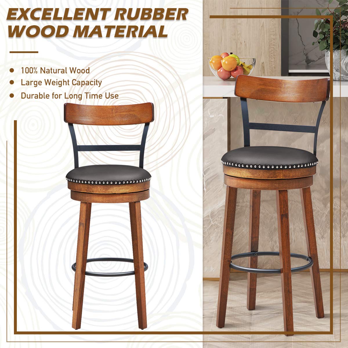 KOMFOTT Bar Stools Set of 1/2/4, 360-Degree Swivel Stools with Leather Padded Seat, Single Slat Ladder Back & Solid Rubber Wood Legs