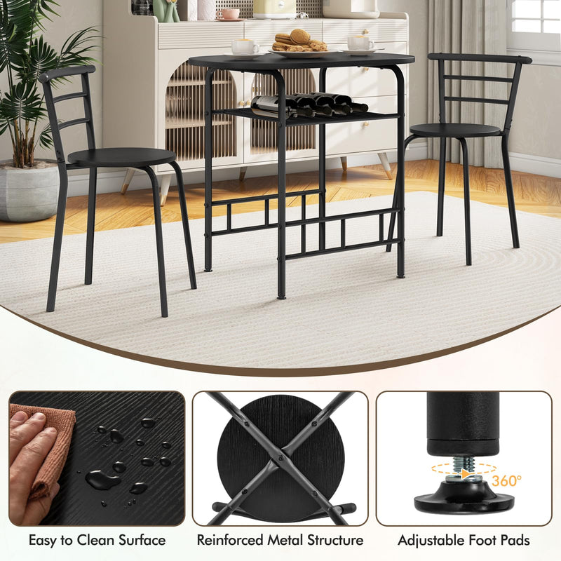 KOMFOTT 3 Piece Dining Set Compact 2 Chairs and Table Set with Metal Frame and Shelf Storage