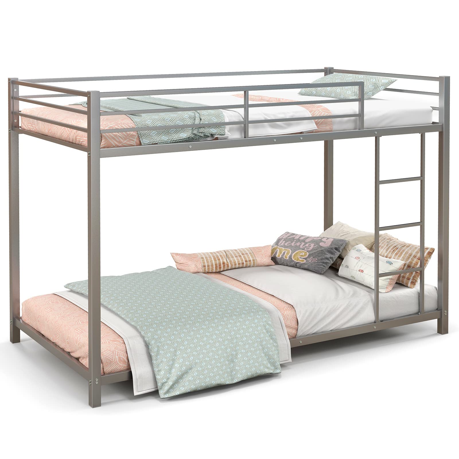 KOMFOTT Twin Over Twin Metal Low Floor Bunk Bed with Safety Guard Rail & Ladder