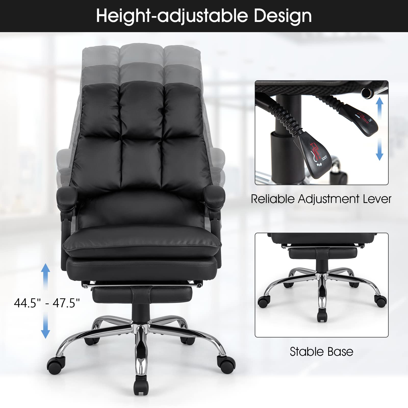 KOMFOTT Executive Office Chair, PU Leather Reclining Chair with Retractable Footrest & Padded Armrests, Soft Cushioned