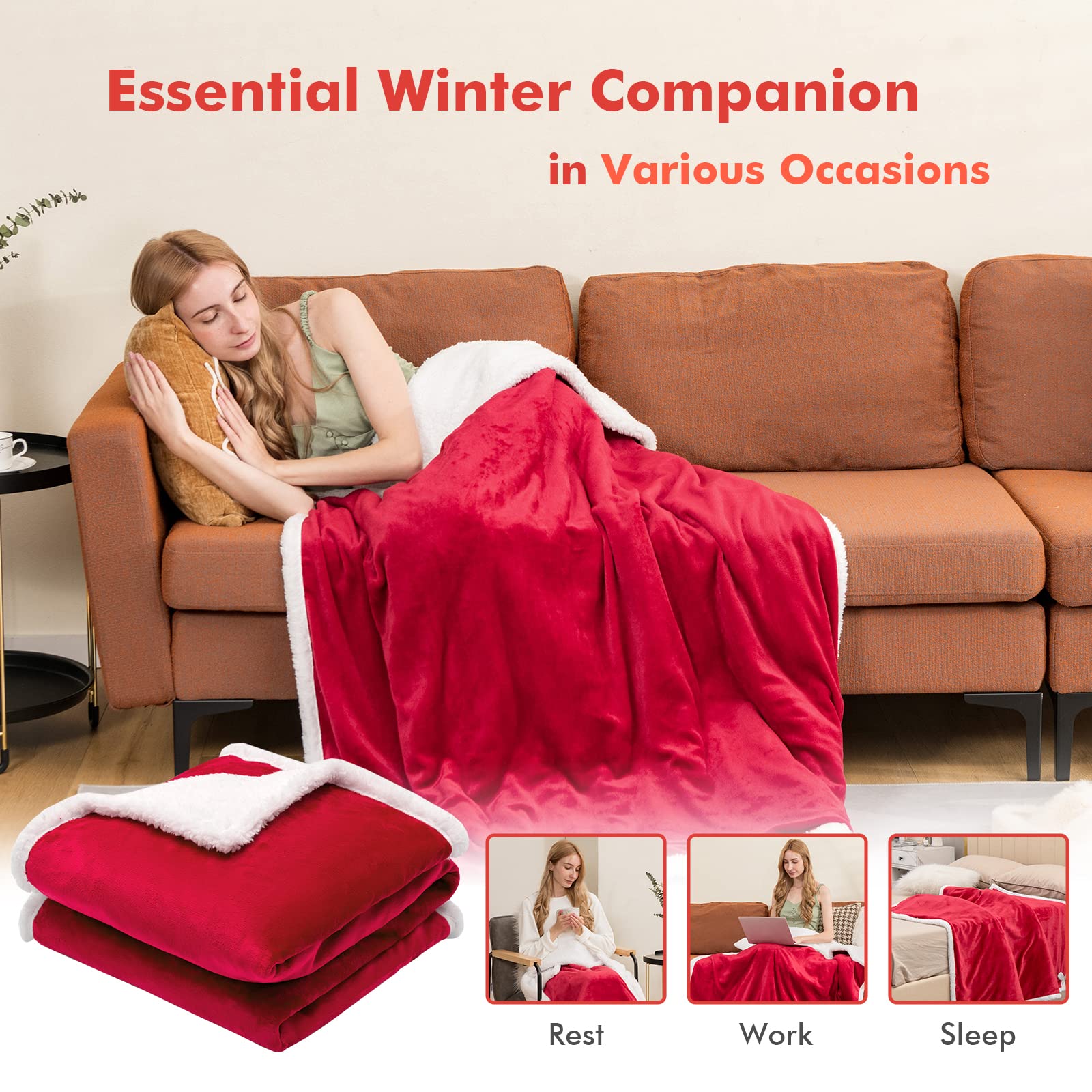 KOMFOTT Heated Electric Blanket Throw, Reversible Flannel & Sherpa Fleece Blanket with 10 Heat Levels, 9 Hours Auto Shut-Off, Overheat Protection