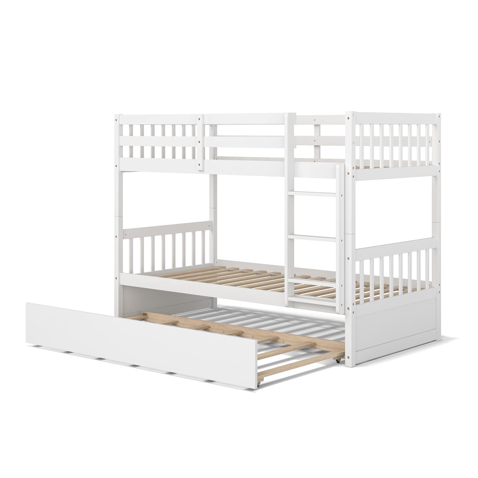 KOMFOTT Twin Over Twin Wood Bunk Bed with Trundle, Convertible Platform Bed Frame with Ladder & Solid Wood Frame