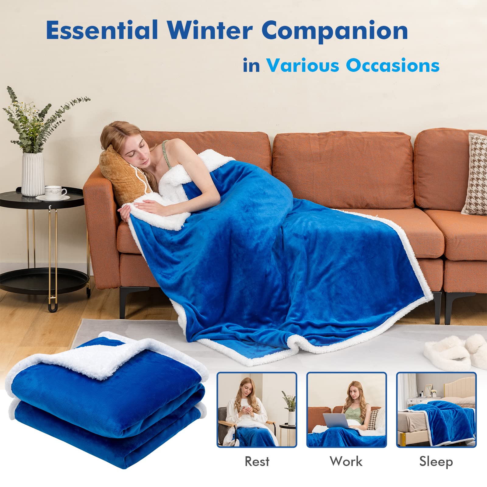 KOMFOTT Heated Electric Blanket Throw, Reversible Flannel & Sherpa Fleece Blanket with 10 Heat Levels, 9 Hours Auto Shut-Off, Overheat Protection