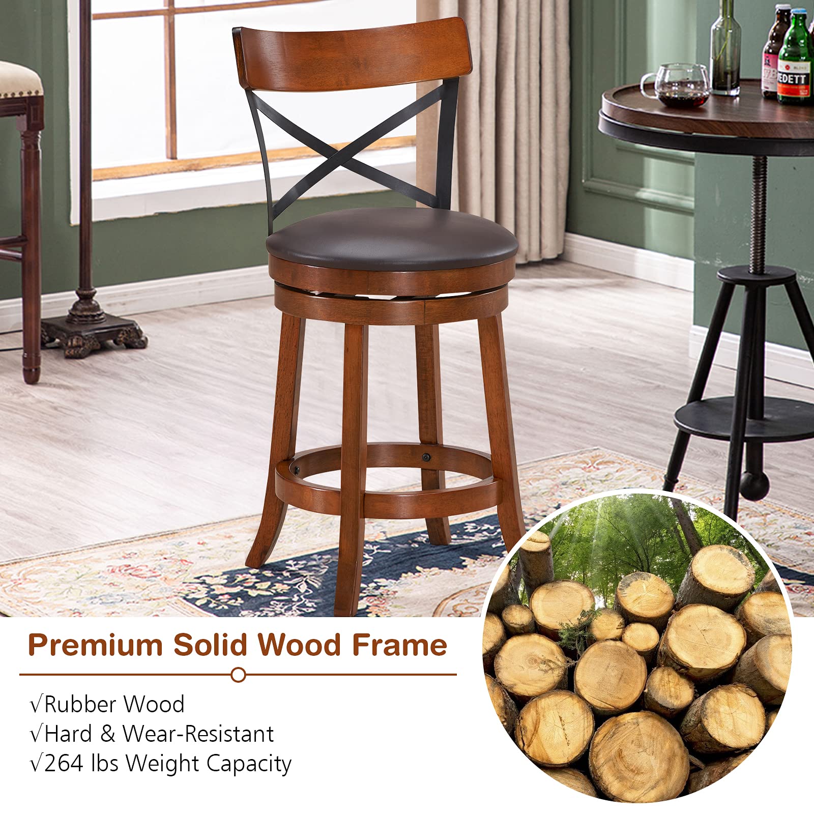 KOMFOTT Bar Stool Set of 2/4, 360-Degree Swivel Solid Wood Stools with Soft Cushion & Backrest