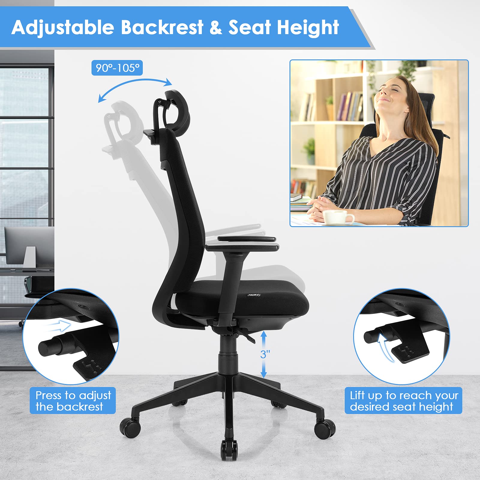 KOMFOTT Ergonomic Mesh Office Chair, Reclining High Back Swivel Executive Chair w/ 3D Armrests, Rotatable Headrest