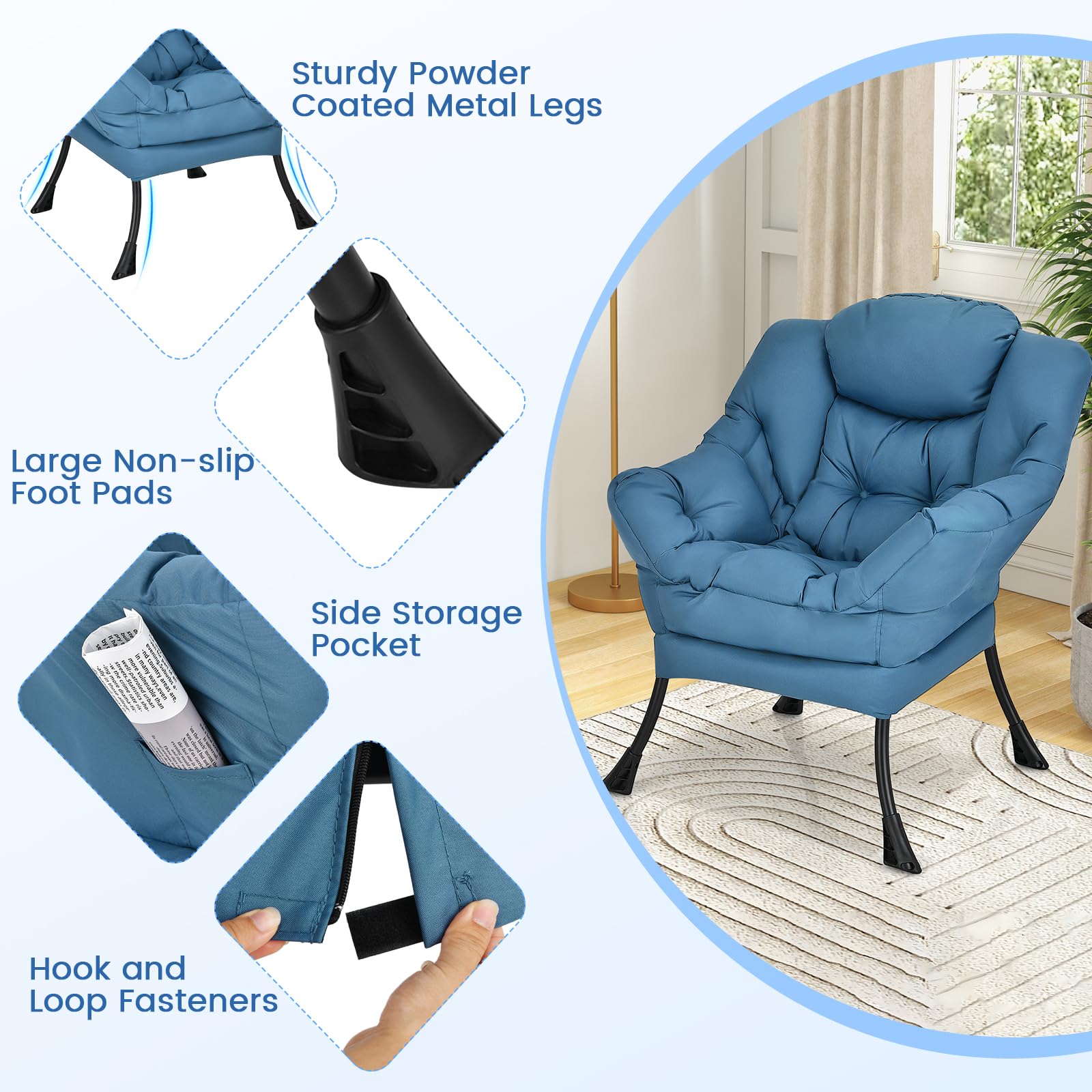 KOMFOTT Modern Lazy Chair, Upholstered Single Sofa Chair w/Armrests & Side Pocket