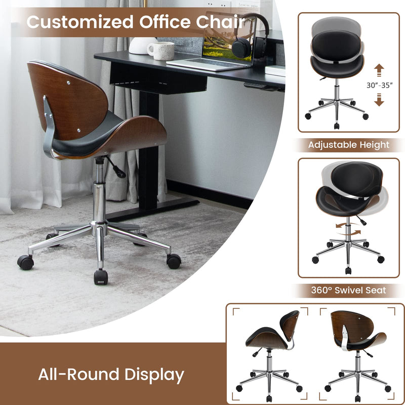 KOMFOTT Mid-Century Home Desk Chair, Faux Leather Armless Office Chair w/Curved Bentwood Seat & Height Adjustable