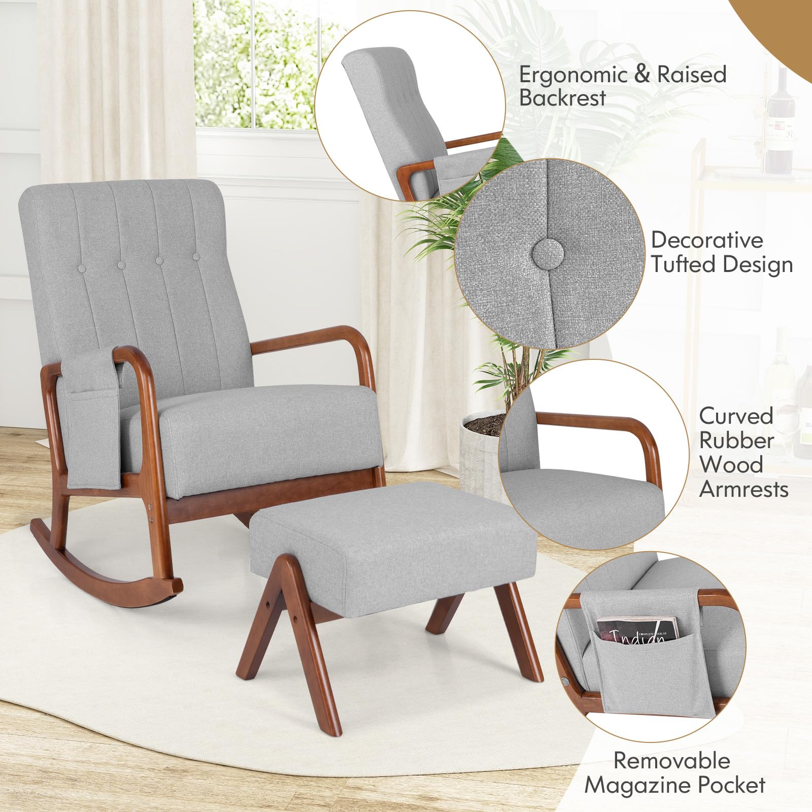 KOMFOTT Nursery Rocking Chair with Ottoman, Upholstered Rocker Chair with Side Pocket