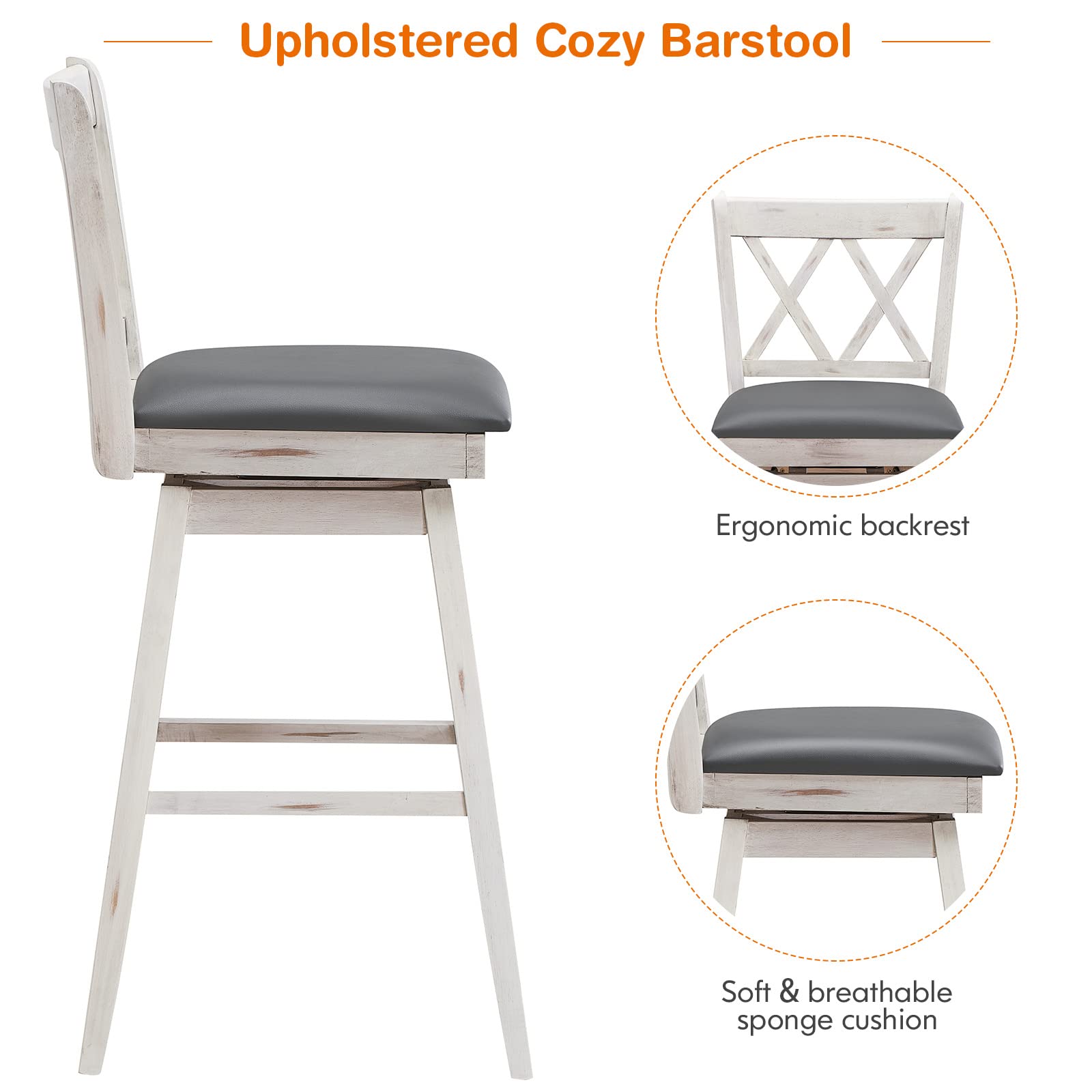 KOMFOTT Bar Stool Set of 2/4, 360 °Swivel Bar Stool with Foot Rest Upholstered Cushion & Ergonomic Backrest