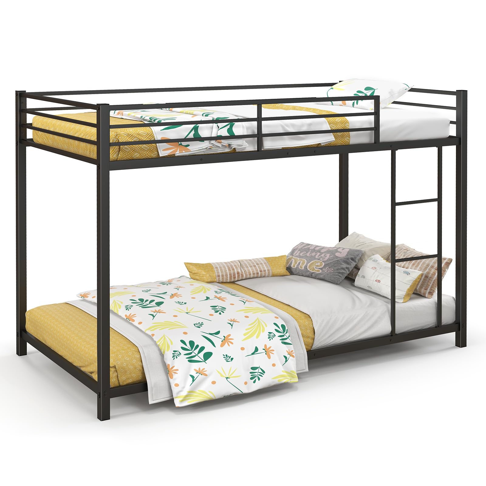 KOMFOTT Twin Over Twin Metal Low Floor Bunk Bed with Safety Guard Rail & Ladder