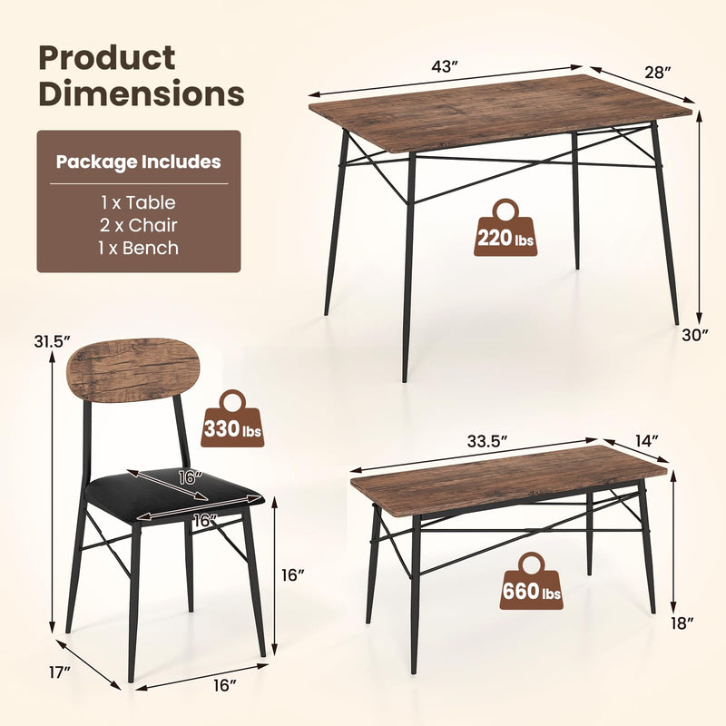 KOMFOTT Dining Table Set for 4, Mid-Century Kitchen Furniture Set w/Kitchen Table, Bench & 2 Upholstered PVC Leather Chairs