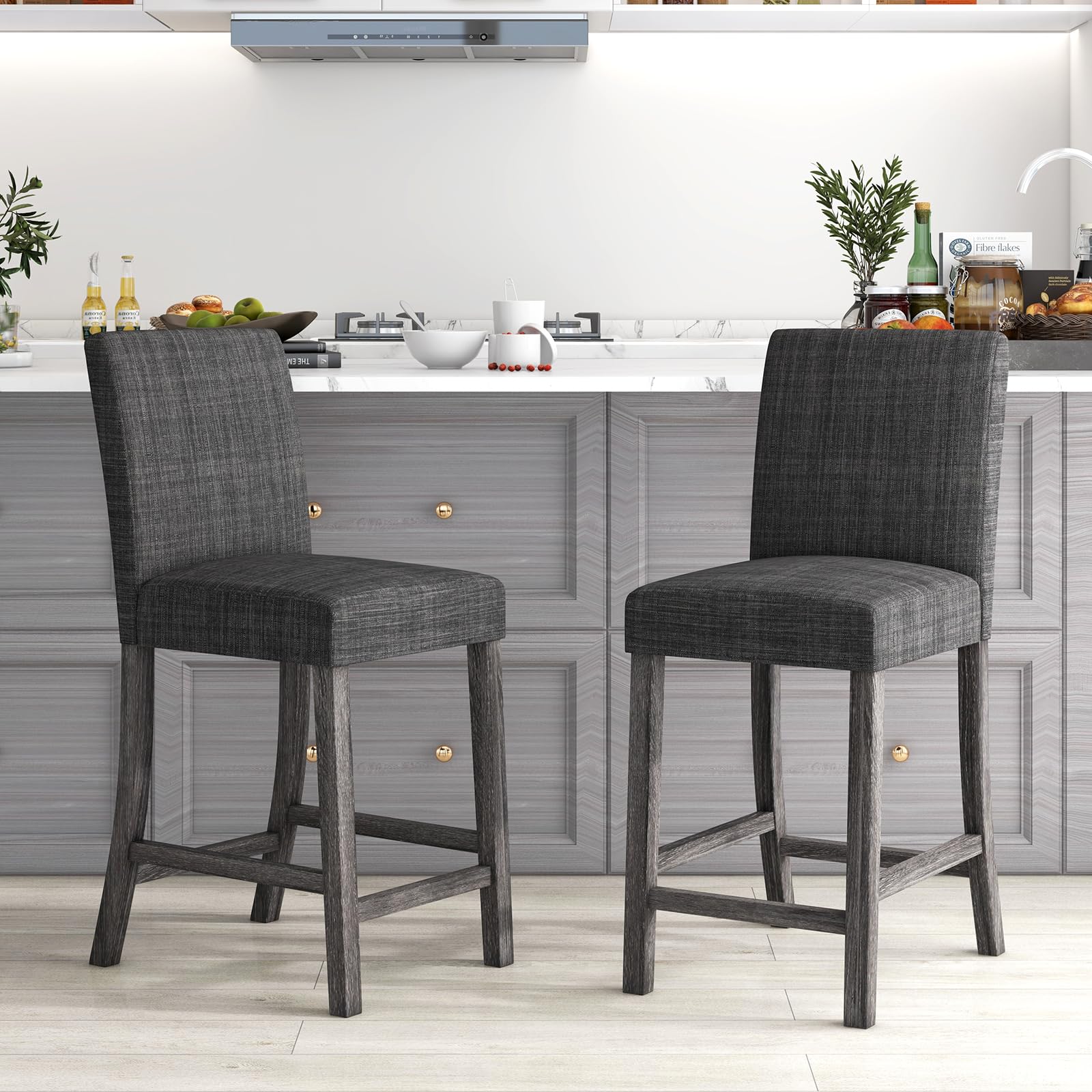 KOMFOTT Upholstered Counter Height Stools Set of 2, Bar Stools w/Ergonomic Backrest, Solid Wood Frame