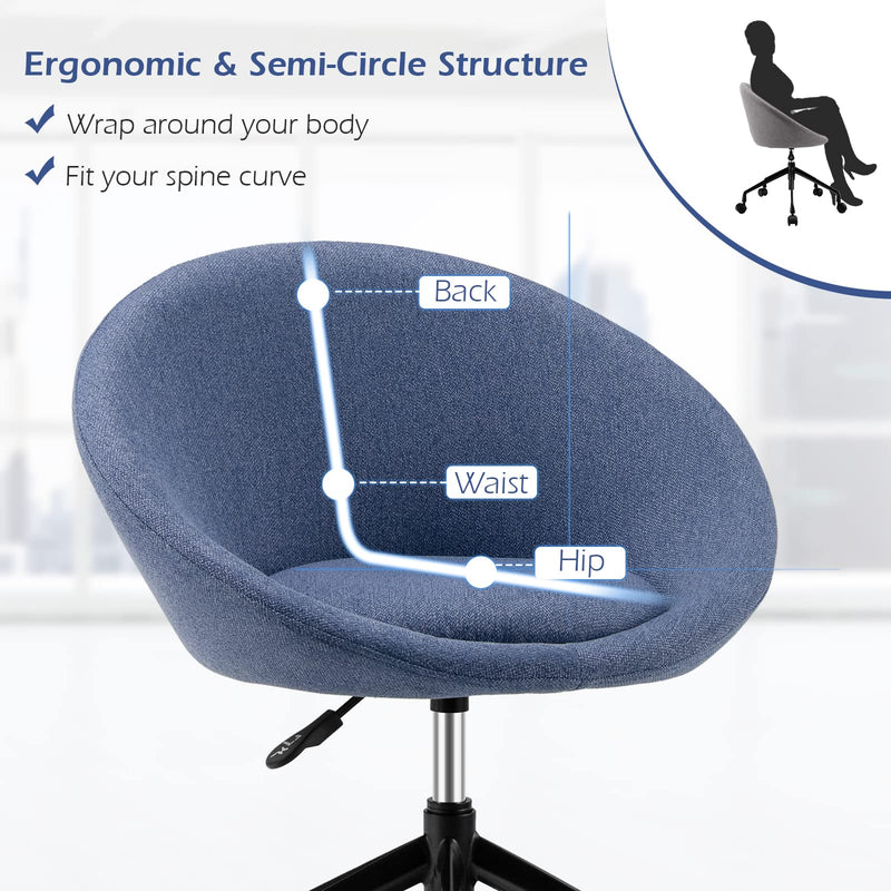 KOMFOTT Armless Office Chair, Modern Fabric Cute Desk Chair with Wheels and Circular Back, Adjustable Swivel Task Computer Chair