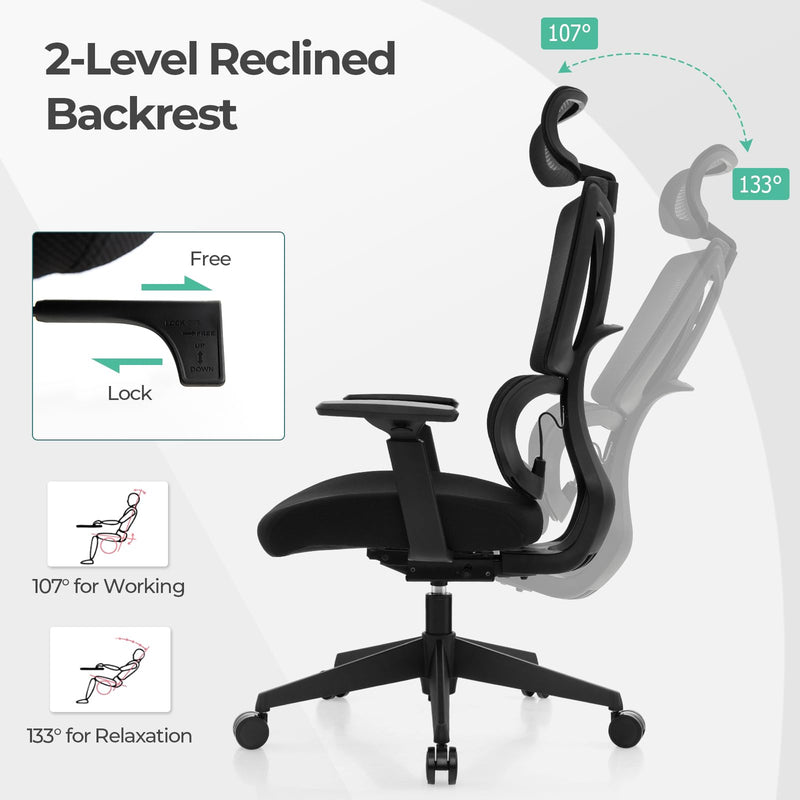 KOMFOTT Ergonomic Office Chair - Mesh Desk Chair with Adjustable Lumbar Support, Headrest & Armrests