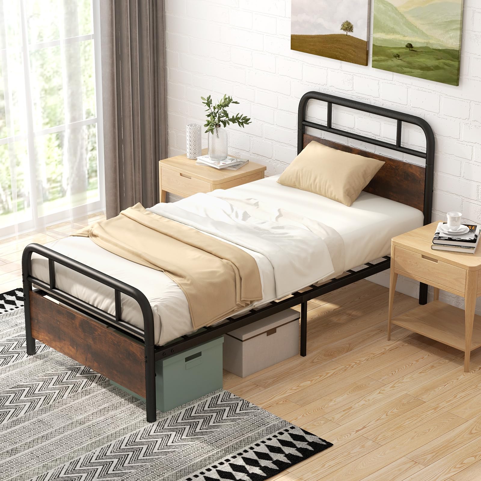 KOMFOTT Twin Size Metal Bed Frame, Industrial Platform Bed with Wood Headboard and Footboard, Rustic Brown