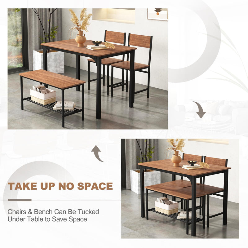 KOMFOTT Dining Table Set for 4, Industrial Gathering Bench Dining Set W/Metal Frame & Storage Rack