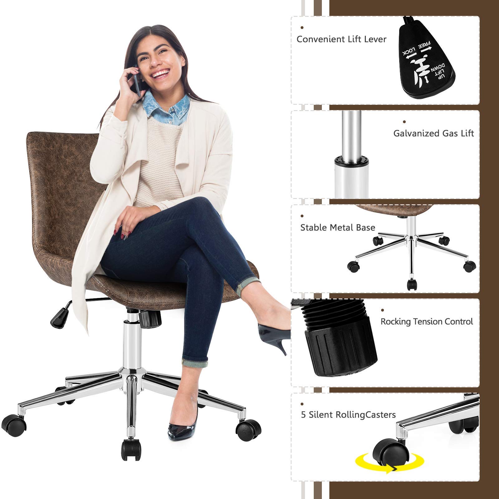 KOMFOTT Modern Home Office Chair, PU Armless Desk Chair, 360° Swivel Task Chairs