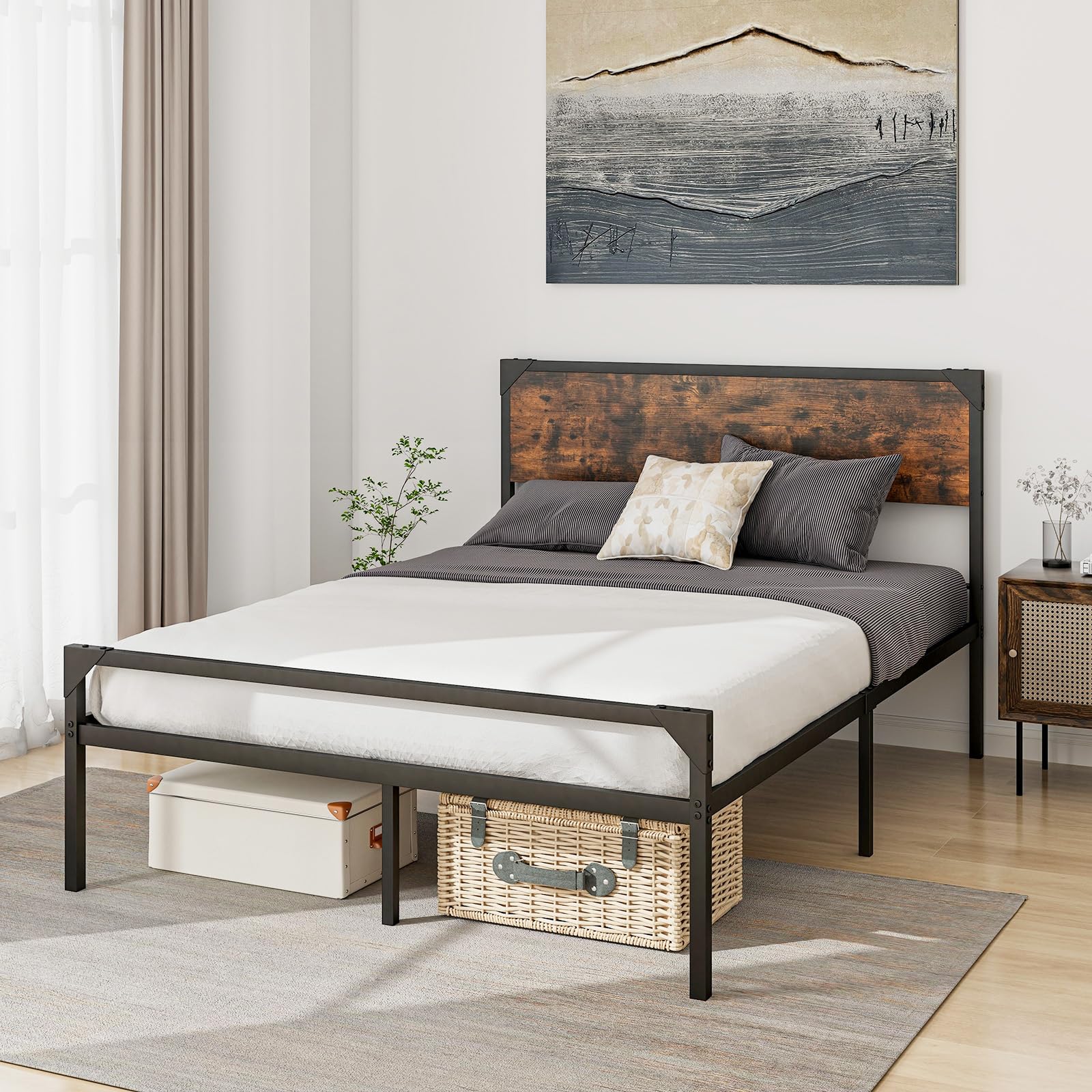 KOMFOTT Full/ Queen Size Metal Bed Frame with Wood Headboard