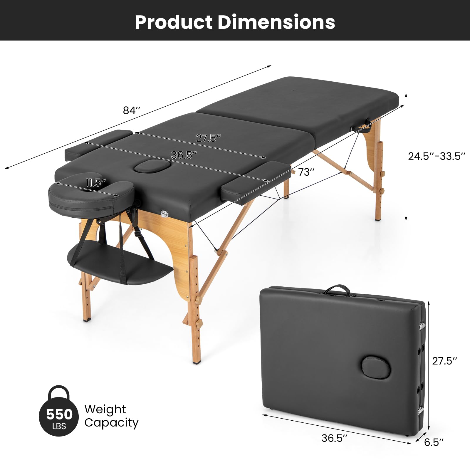 KOMFOTT Portable Massage Bed w/Carrying Case, 2-Section Salon Spa Facial Care Tattoo Bed, Height Adjustable