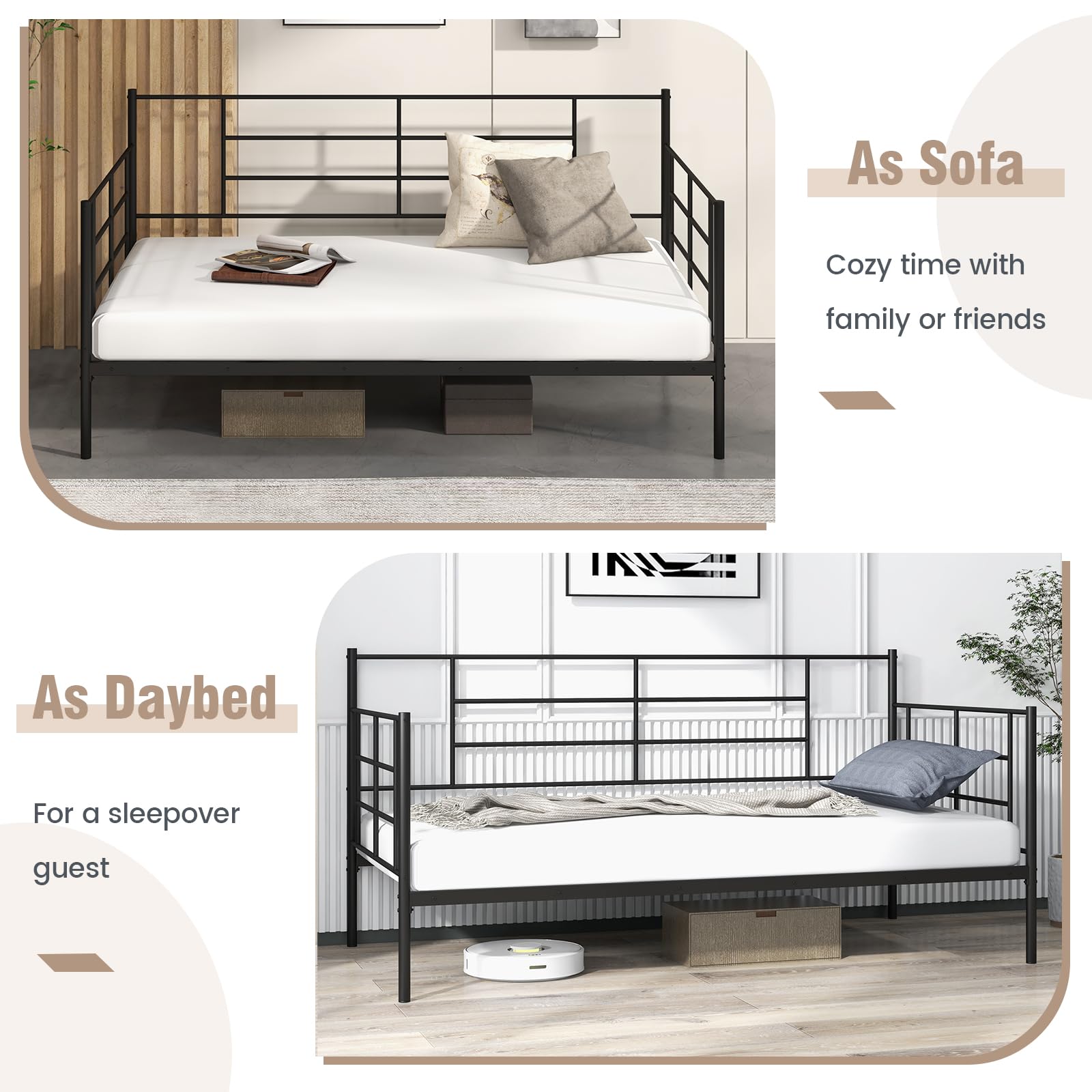 KOMFOTT Twin Size Metal Daybed Frame, Heavy-Duty Sofa Bed with Sturdy Metal Slat Support