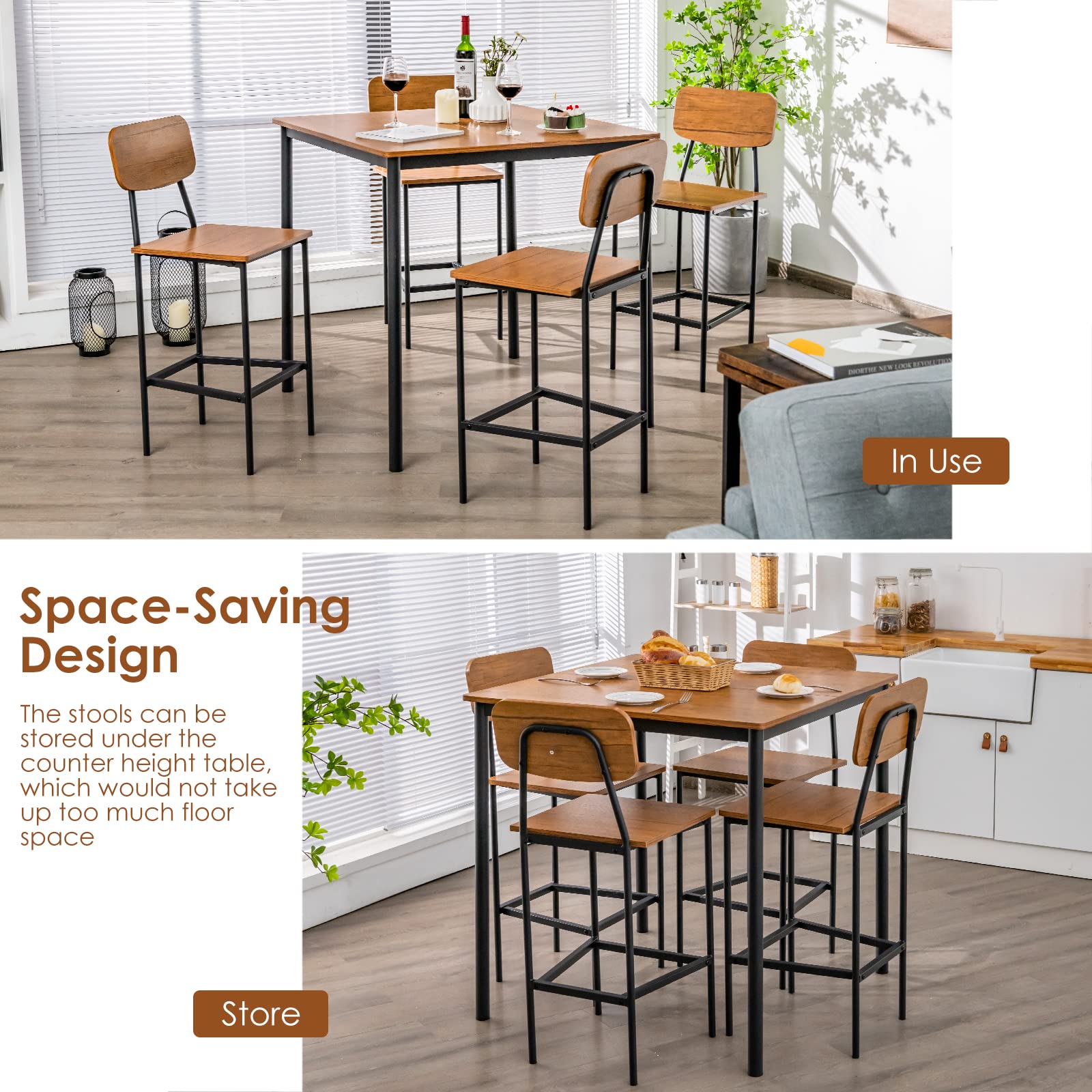 KOMFOTT 5 Piece Dining Table Set with Counter Height Table & 4 Bar Stools, Industrial Kitchen Dining Table Set  with Footrest & Backrest