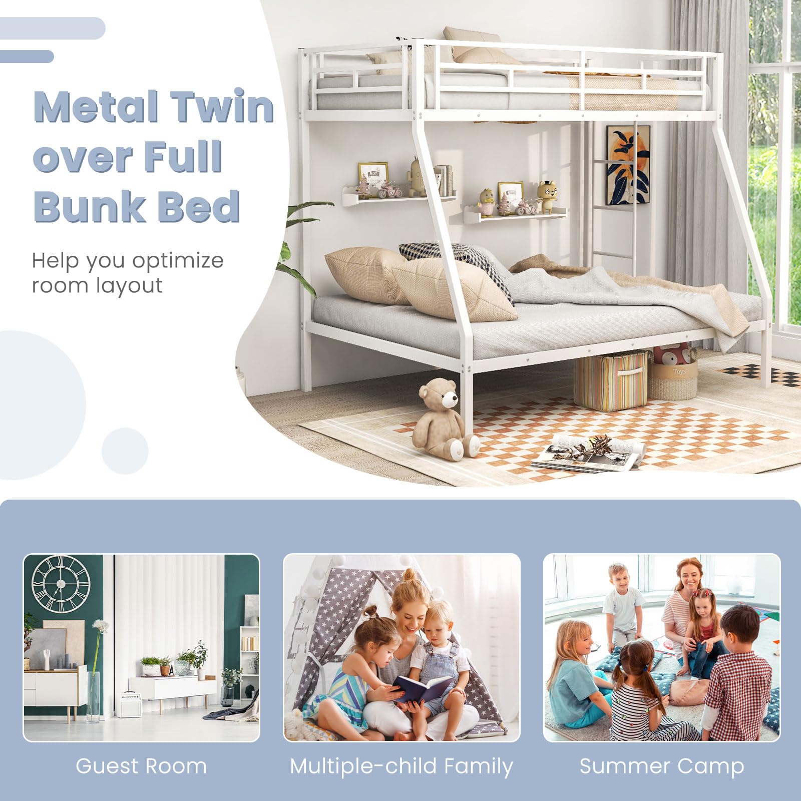 KOMFOTT Metal Twin Over Full Bunk Bed with Ladder and Steel Frame Support