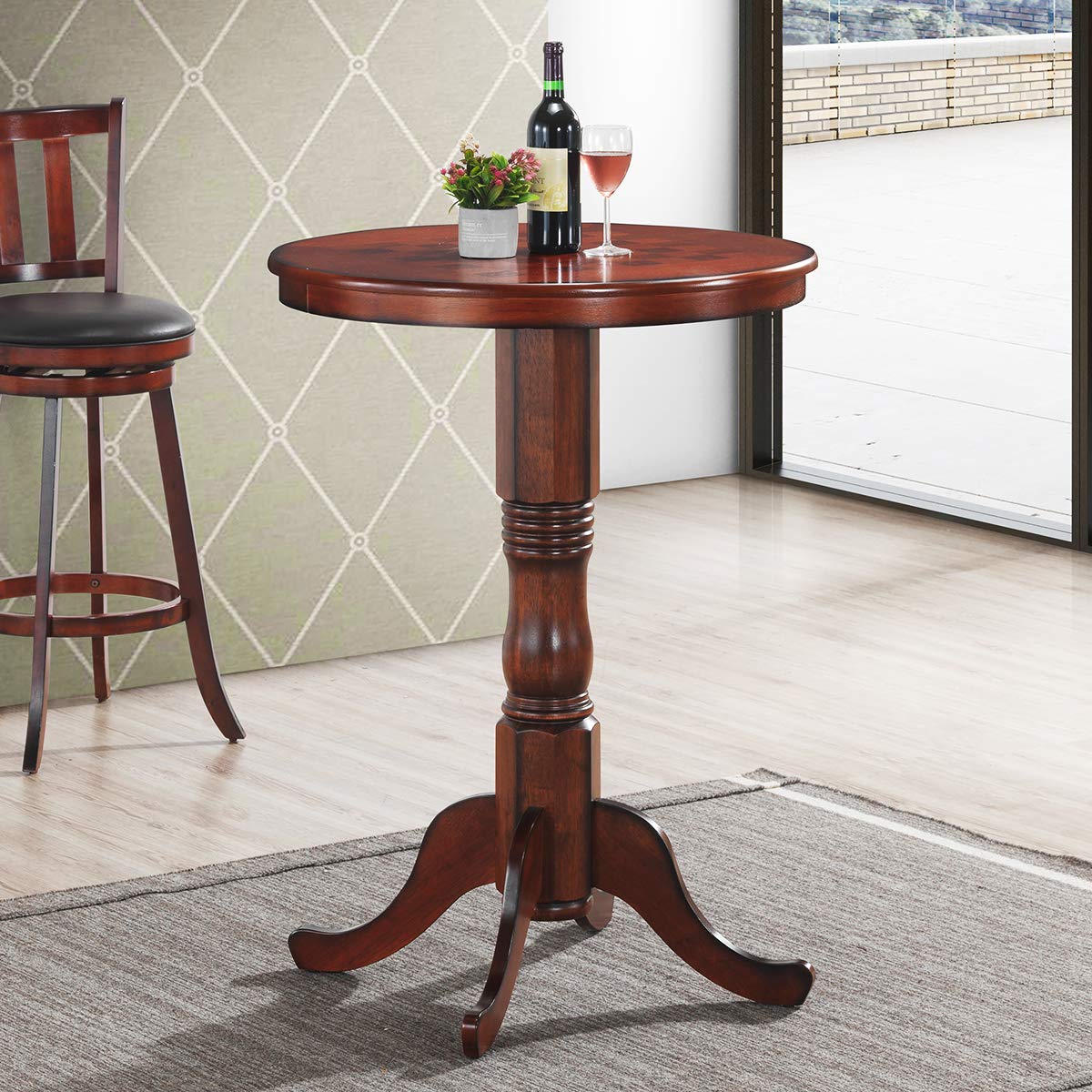 KOMFOTT Round Dining Table, Wooden Pub Pedestal Side Table W/Chessboard, Adjustable Foot Pads