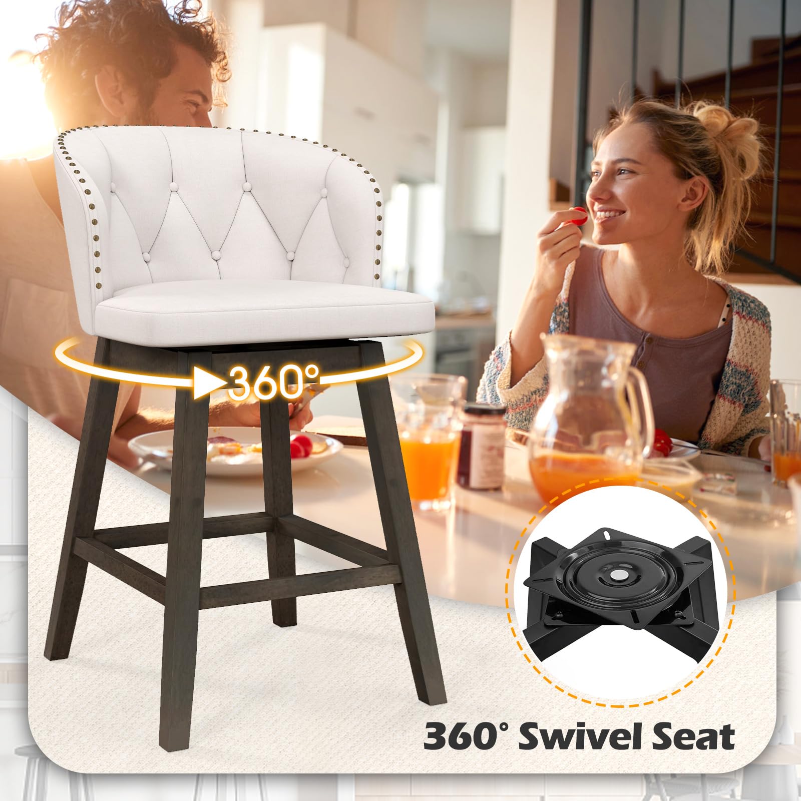 KOMFOTT Counter Height Bar Stools Set of 2/4, Fabric Upholstered Island Stools with 360° Swivel Seat & Button-Tufted Back