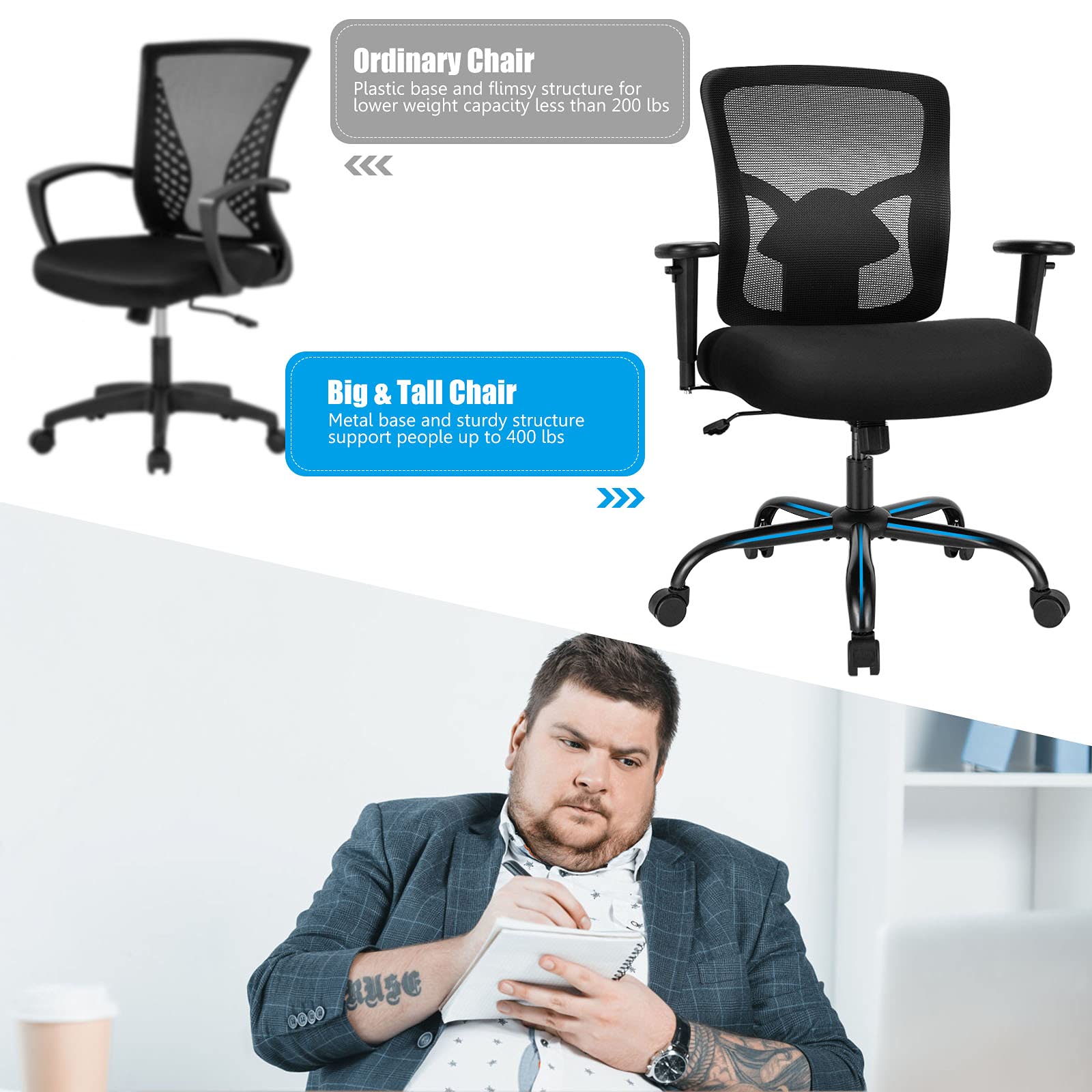 KOMFOTT Mesh Office Computer Chair, 400 lbs Big and Tall Ergonomic Executive Chair with Adjustable Height and Armrest, Lumbar Support