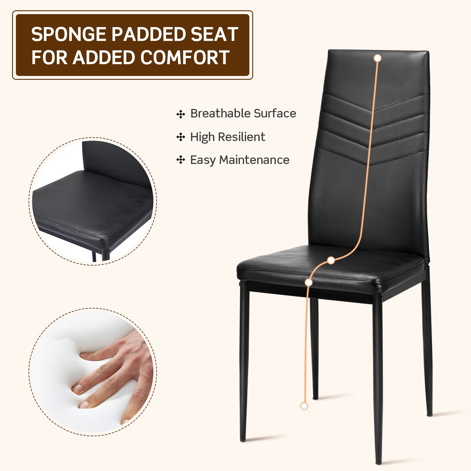 KOMFOTT Set of 4 Dining Chairs, High Back Dining Side Chairs w/PVC Leather & Non-Slip Feet Pads