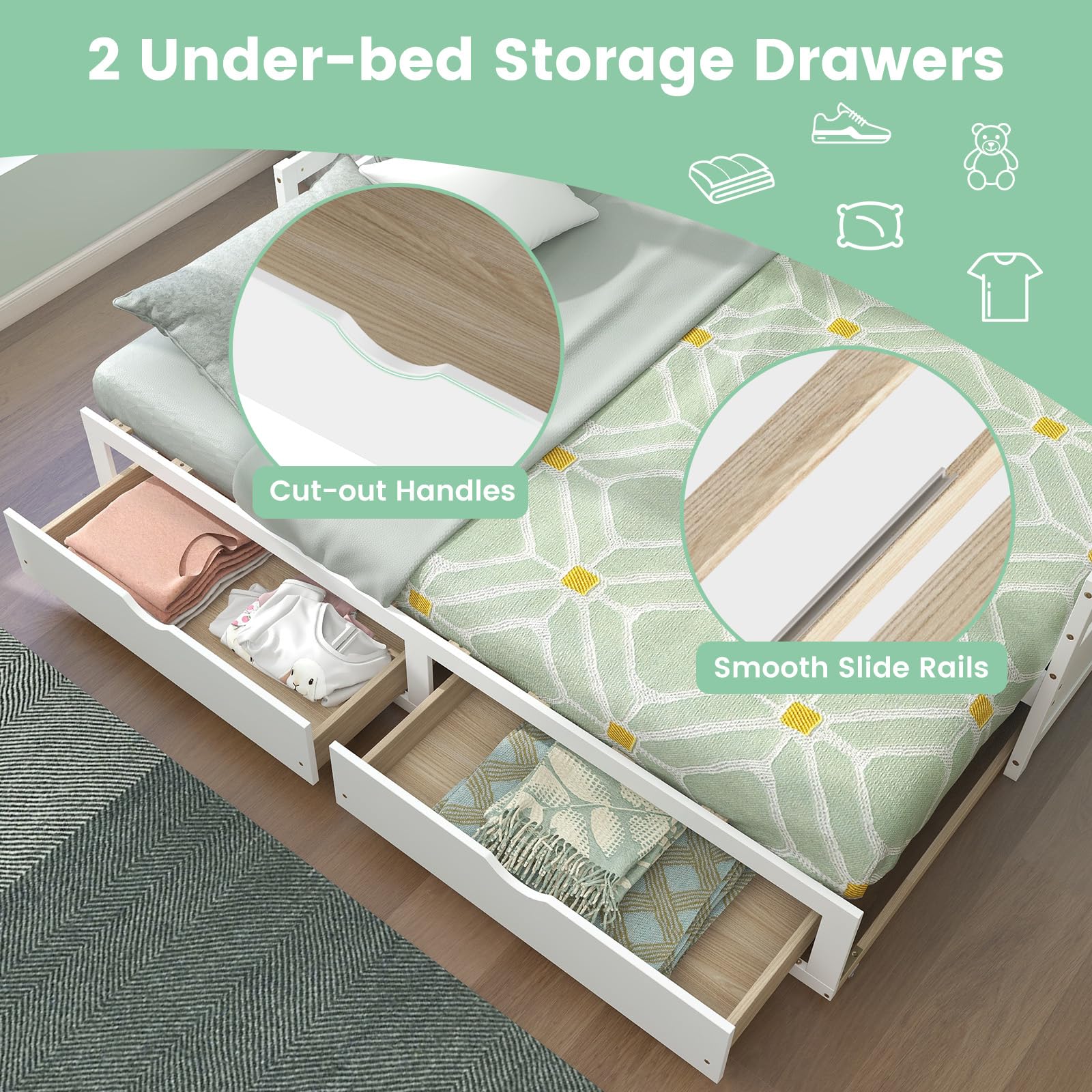 KOMFOTT Wood Daybed with Trundle, Extendable Twin to King Daybed Frame with 2 Storage Drawers