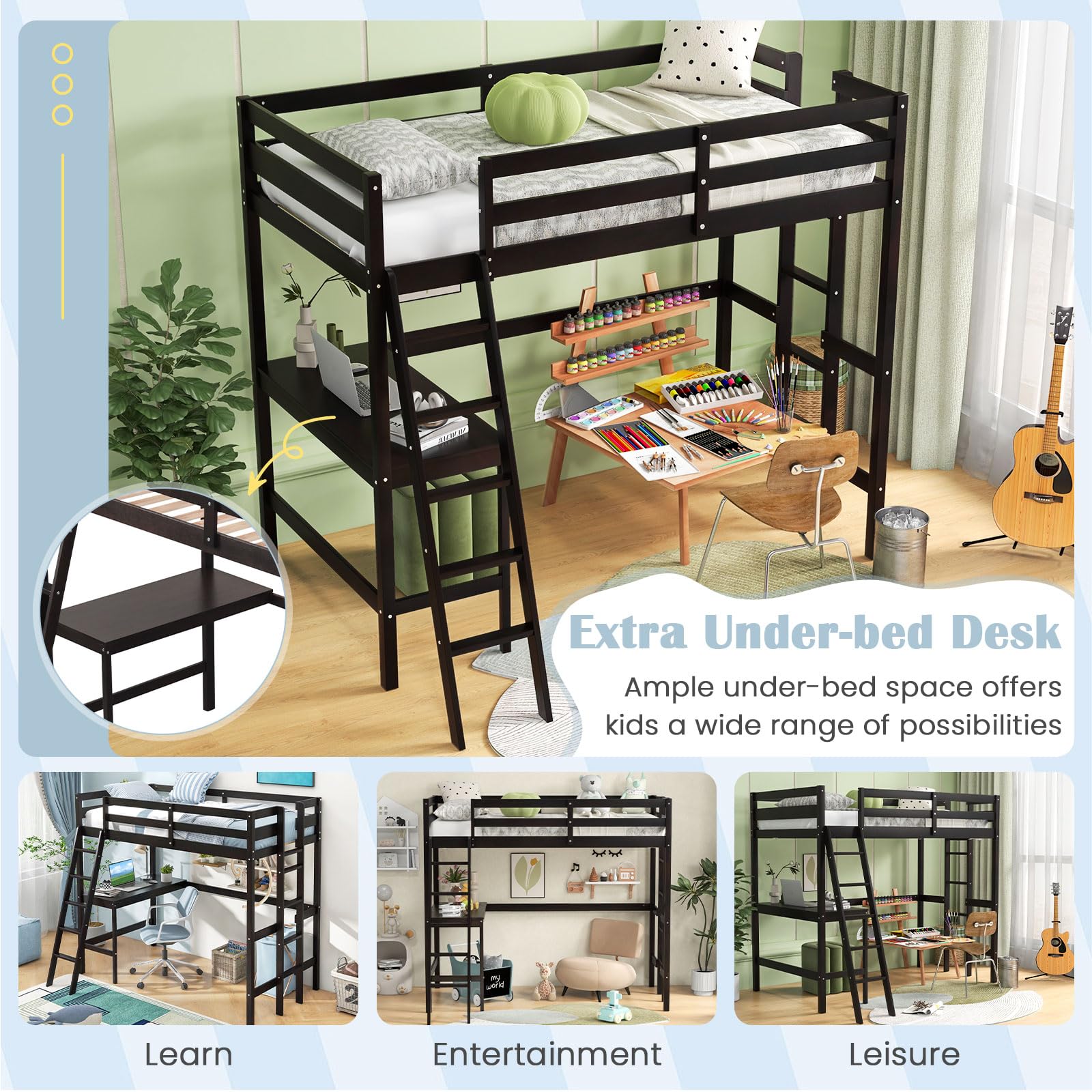 KOMFOTT Twin Size Wood Loft Bed with Desk, 2 Ladders, Full Length Guardrail for Kids Teens Adults