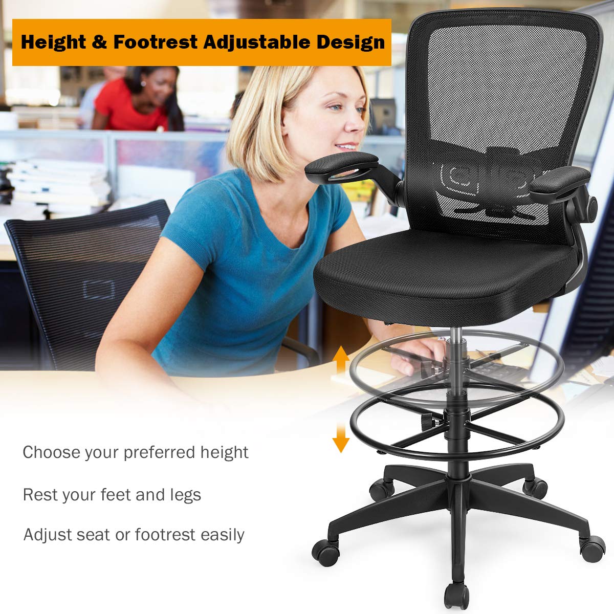 KOMFOTT Drafting Chair, High Back Office Chair with Footrest & Ring Flip-Up Armrest