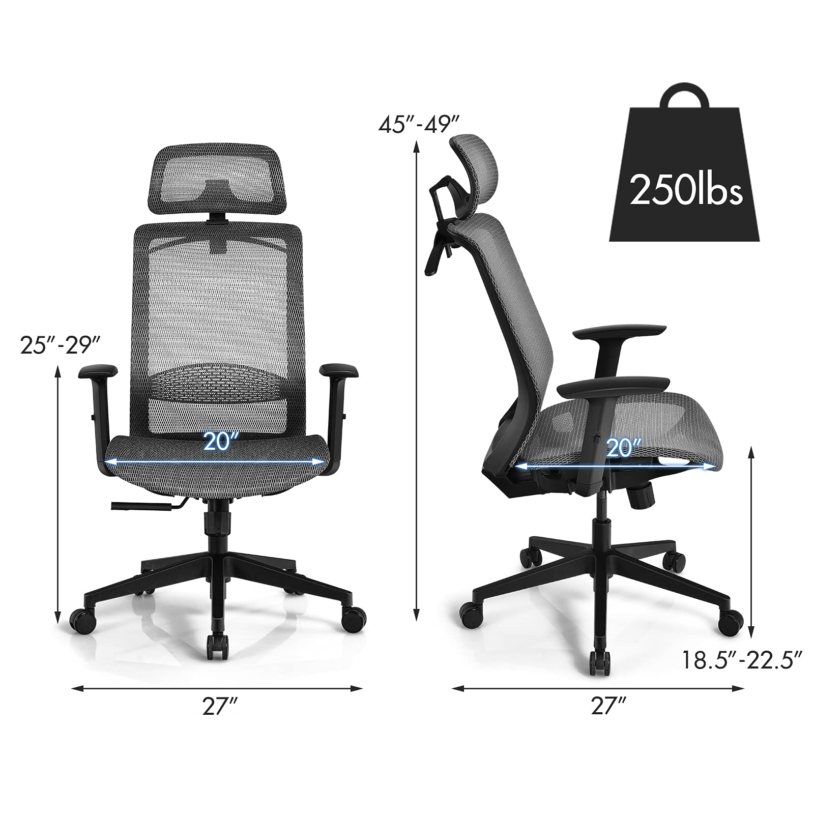 KOMFOTT Ergonomic Office Chair, Mesh Desk Chair Back Support with Adjustable Headrest