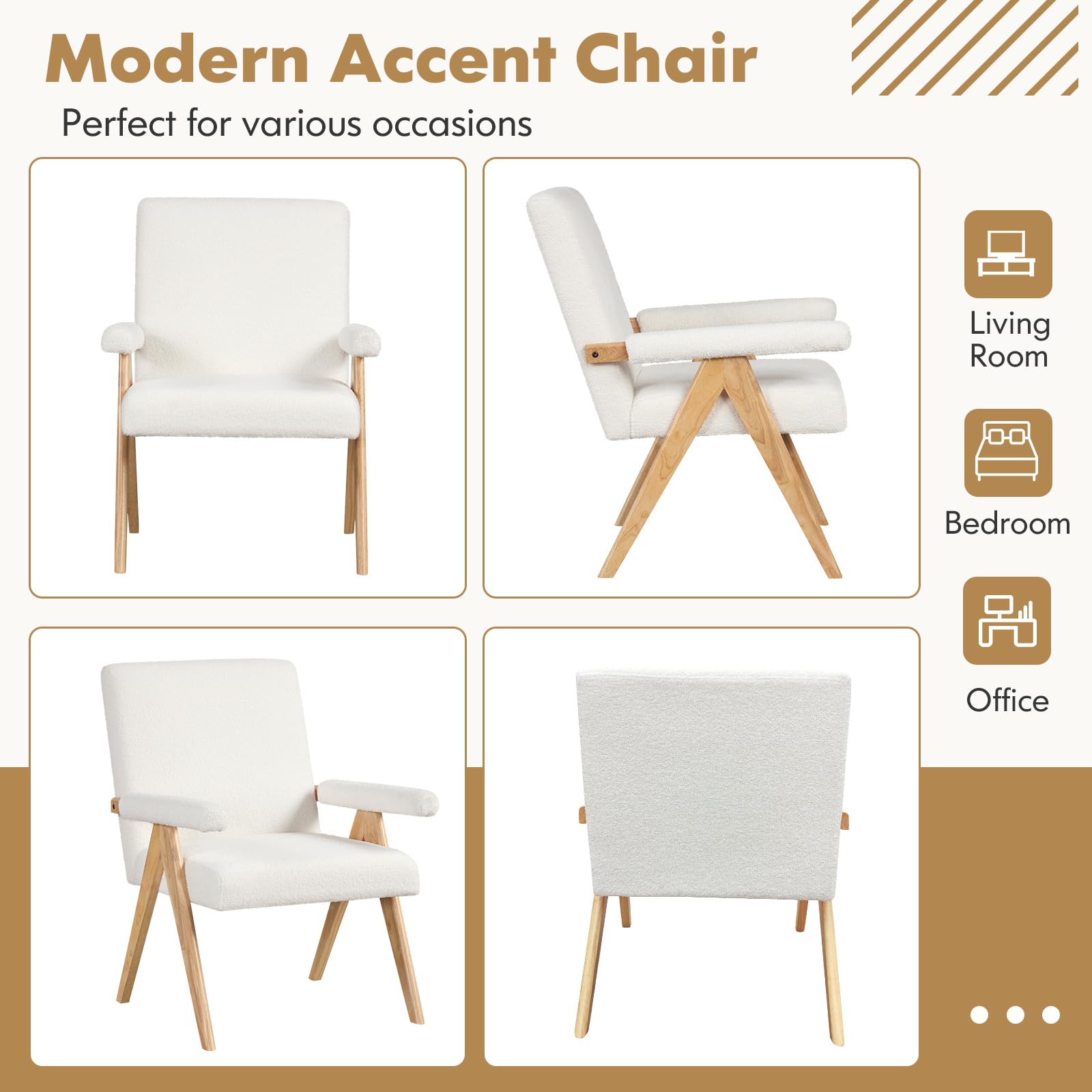 KOMFOTT Mid-Century Modern Accent Chair, Sherpa Fabric Reading Chair with Padded Armrests, Solid Rubber Wood Frame