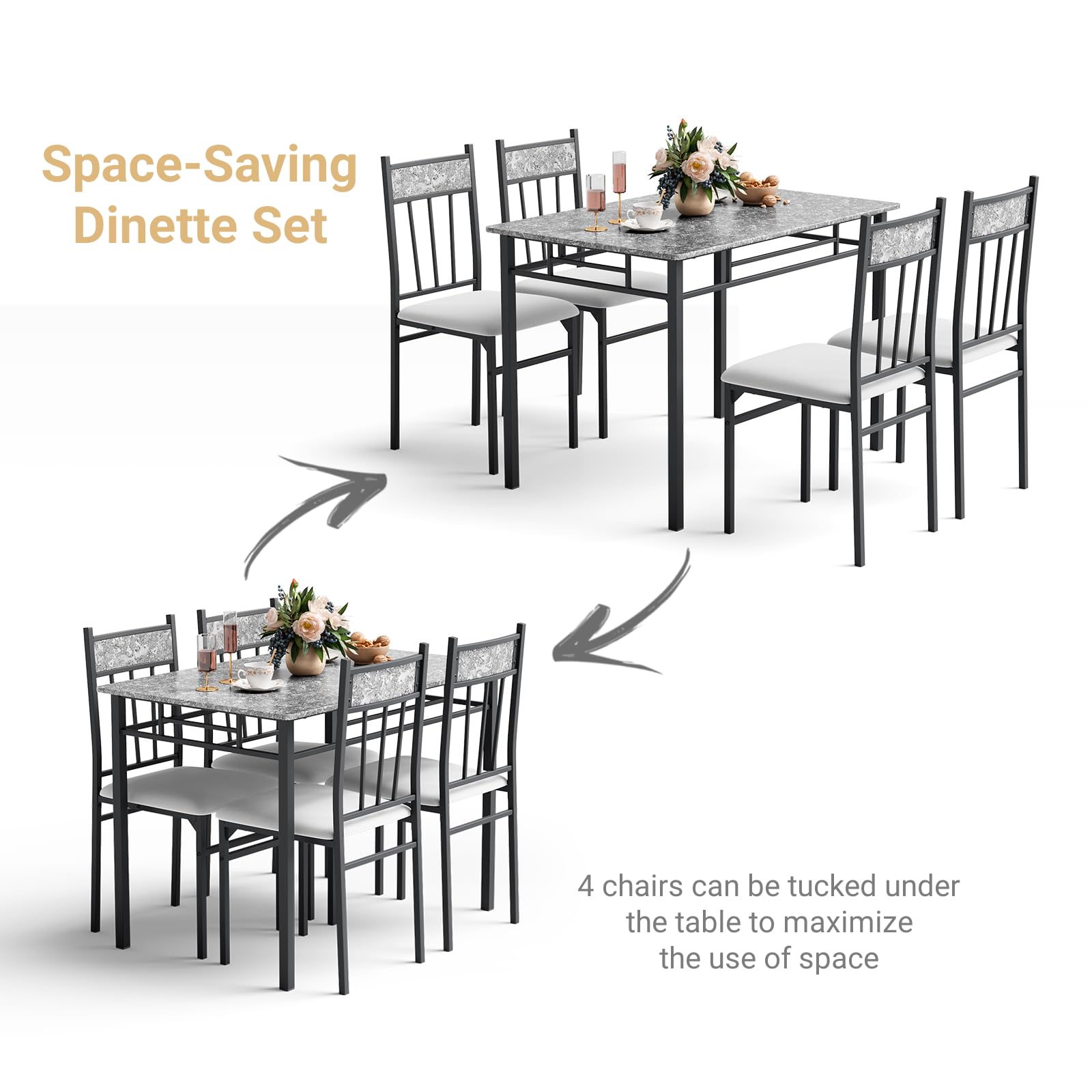 KOMFOTT 5 Piece Dining Table Set, Modern Rectangular Dining Table & Upholstered Chair Set w/Marble Tabletop