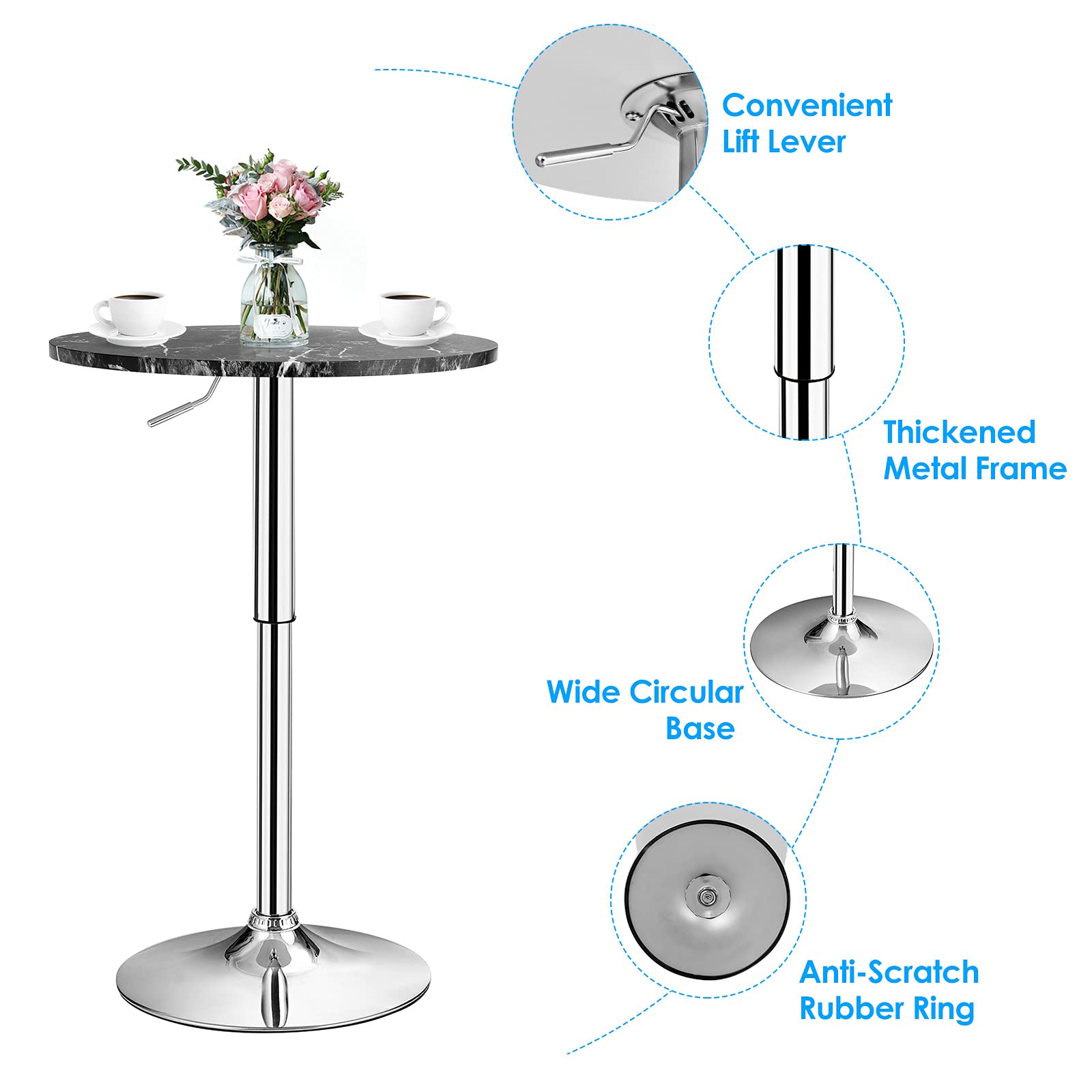 KOMFOTT Round Pub Table Height Adjustable, 360° Swivel Cocktail Pub Table with Sliver Leg and Base