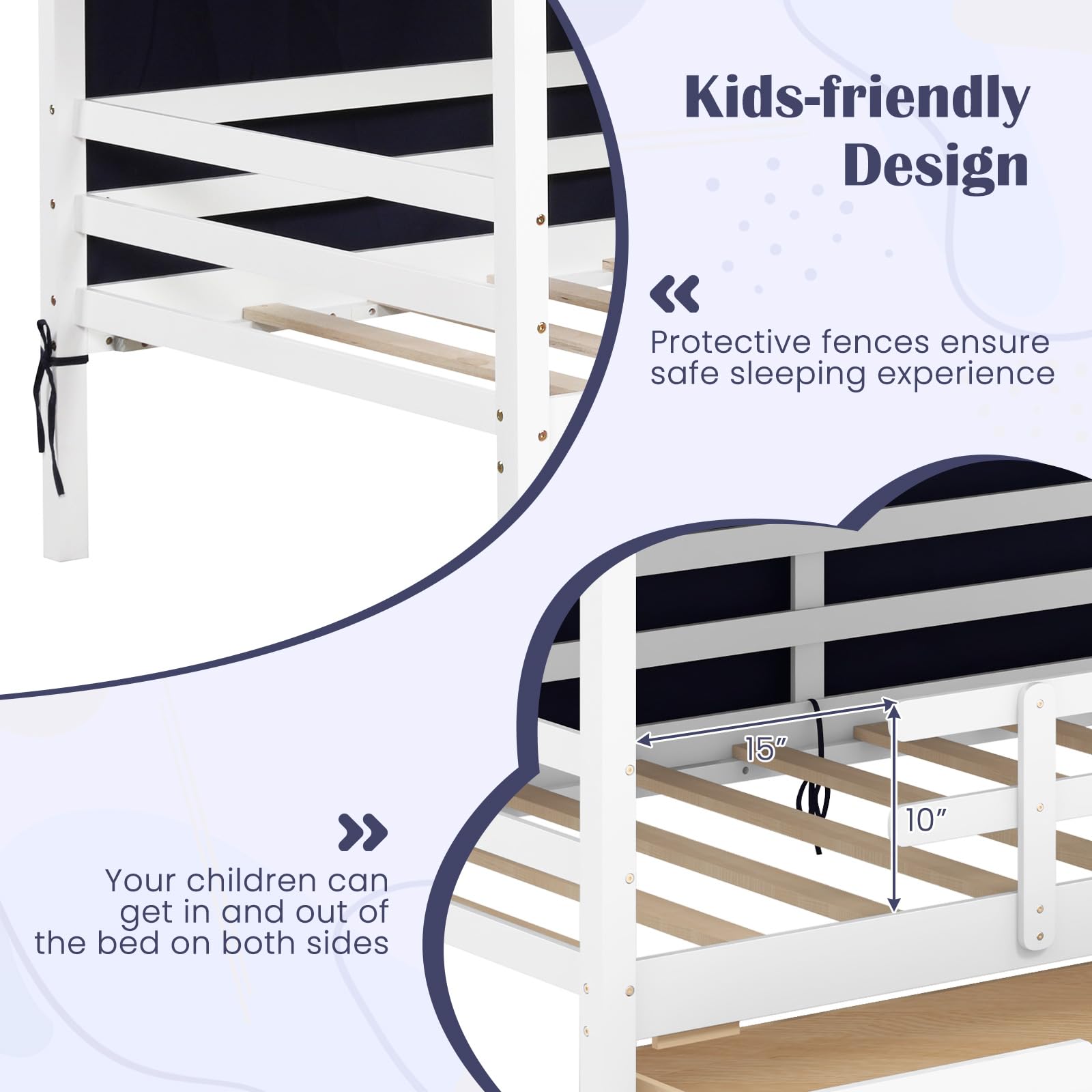 KOMFOTT Twin House Bed with Tent, Wood Kids Bed with 2 Storage Drawers, Solid Wood Daybed Frame with Rails and Roof