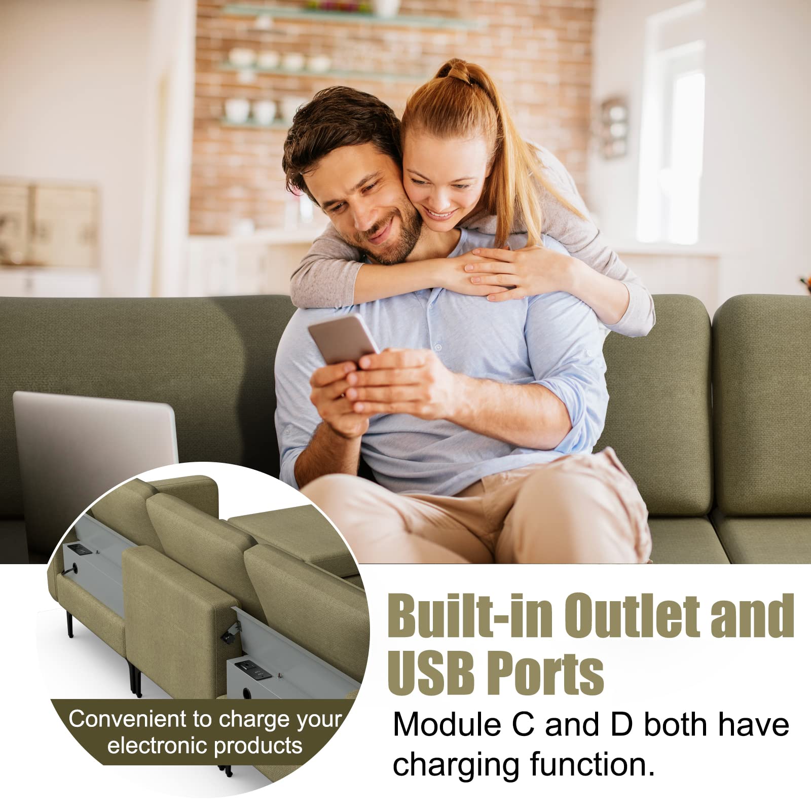 KOMFOTT 4 Seat Convertible L-Shaped Sofa Couch, 123 Inch Sectional Sleeper with 2 USB Ports Socket