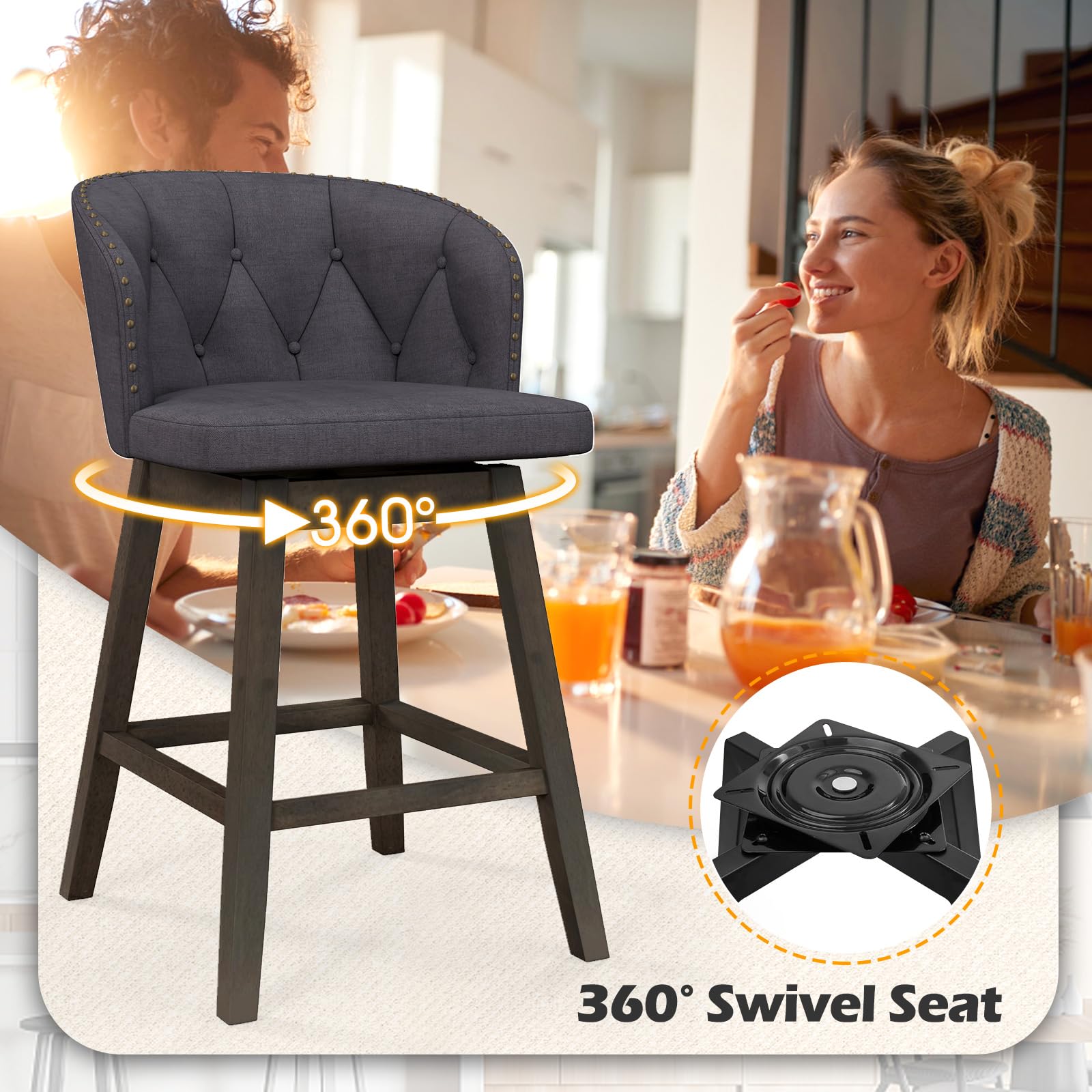 KOMFOTT Counter Height Bar Stools Set of 2/4, Fabric Upholstered Island Stools with 360° Swivel Seat & Button-Tufted Back