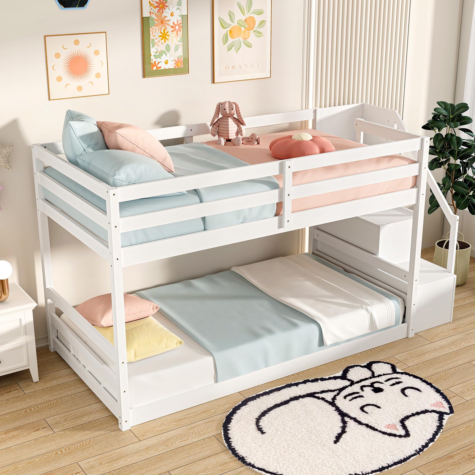 KOMFOTT Bunk Bed with Stairs, Solid Wood Floor Bunk Bed with Storage Staircase & Full-Length Guardrails